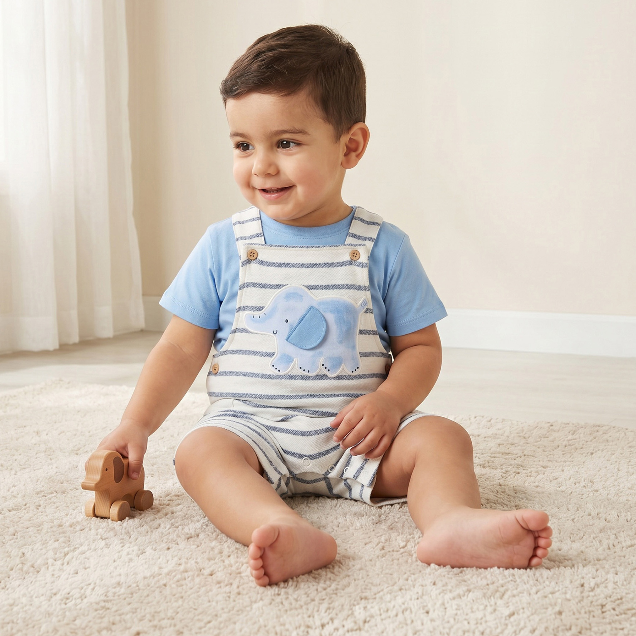 Juniors Crew Neck Short Sleeves T-shirt and Dungaree Set with Elephant Applique-baby-boys-clothing-setsandcoords-image-1