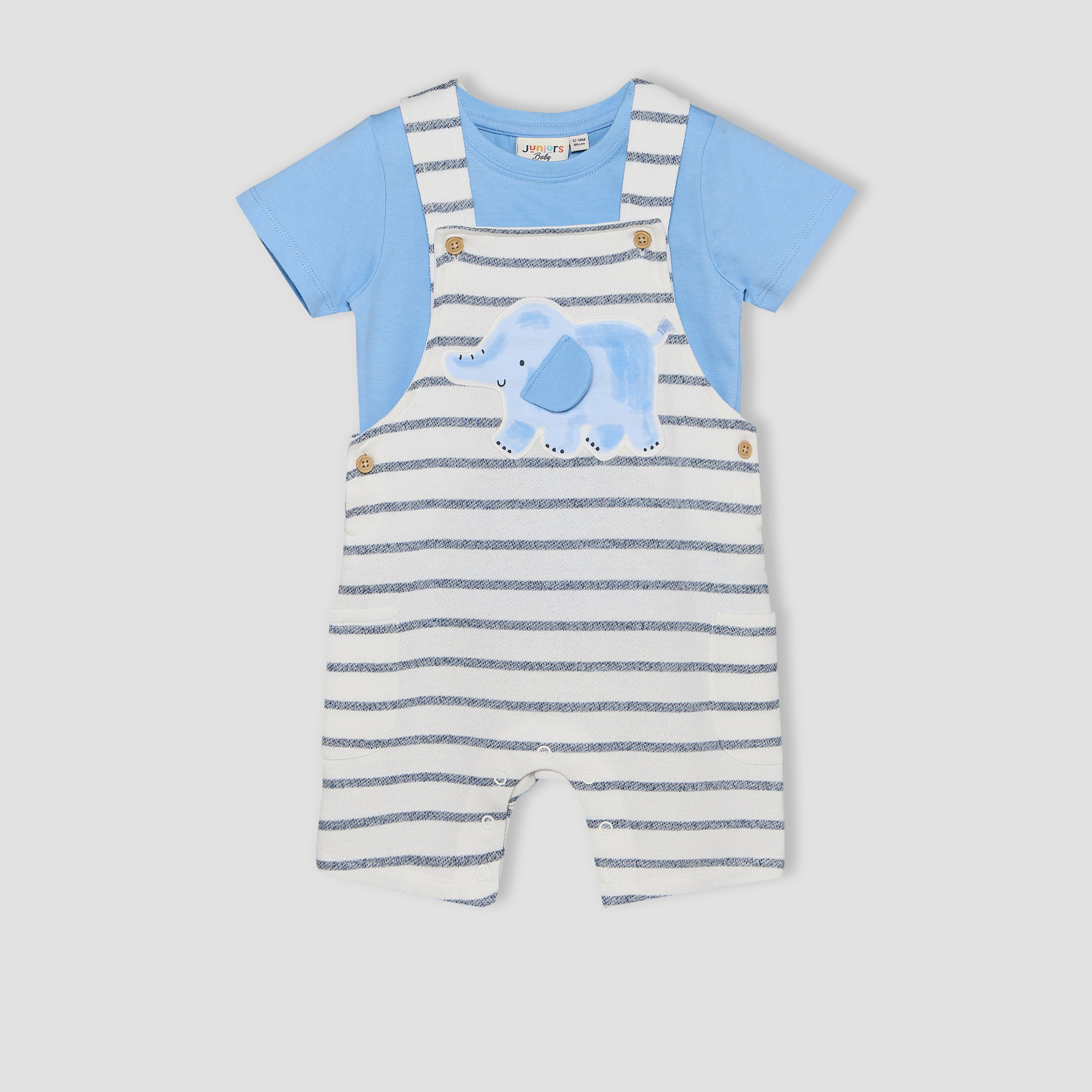 Juniors Crew Neck Short Sleeves T-shirt and Dungaree Set with Elephant Applique-baby-boys-clothing-setsandcoords-image-2