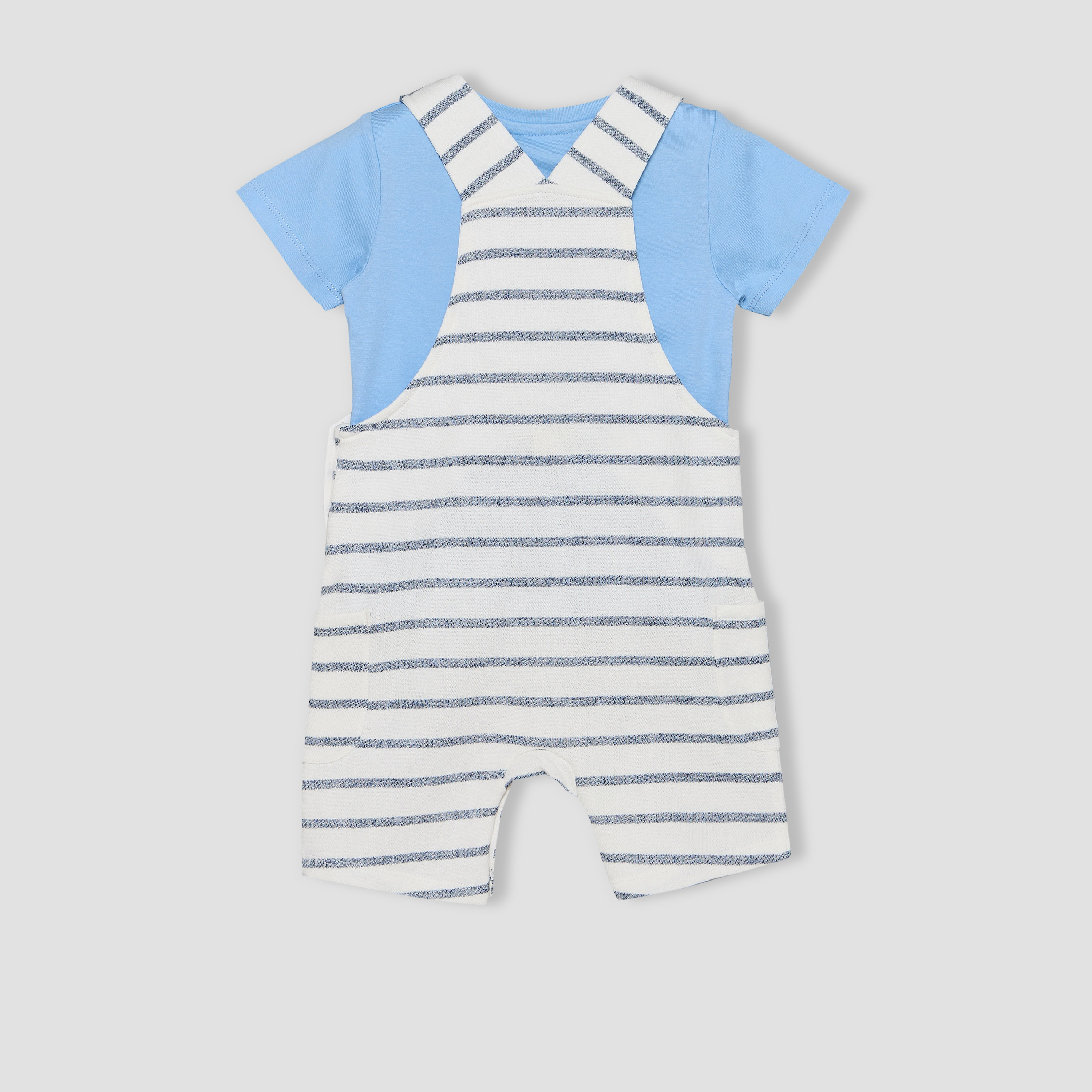 Juniors Crew Neck Short Sleeves T-shirt and Dungaree Set with Elephant Applique-baby-boys-clothing-setsandcoords-image-3