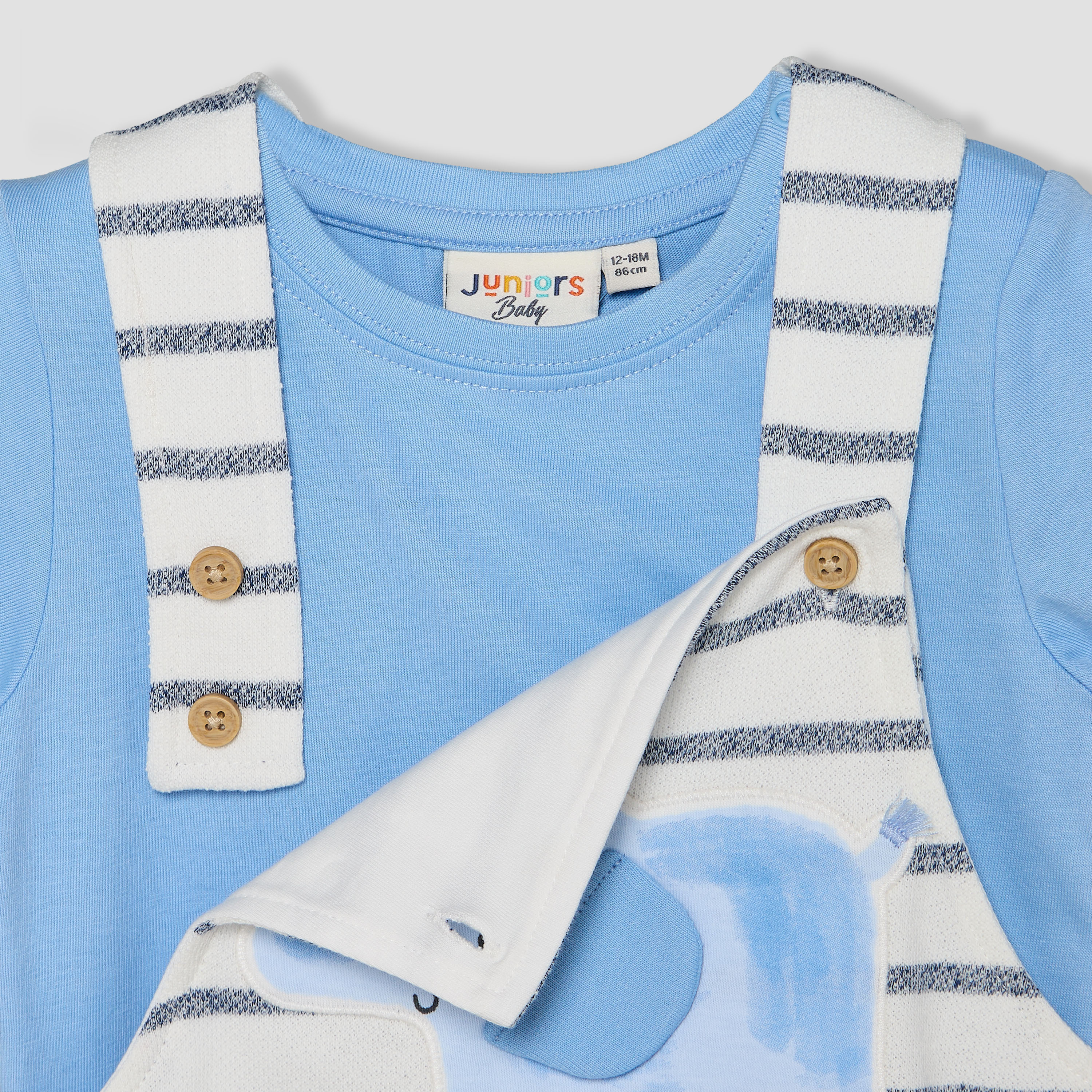 Juniors Crew Neck Short Sleeves T-shirt and Dungaree Set with Elephant Applique-baby-boys-clothing-setsandcoords-image-6