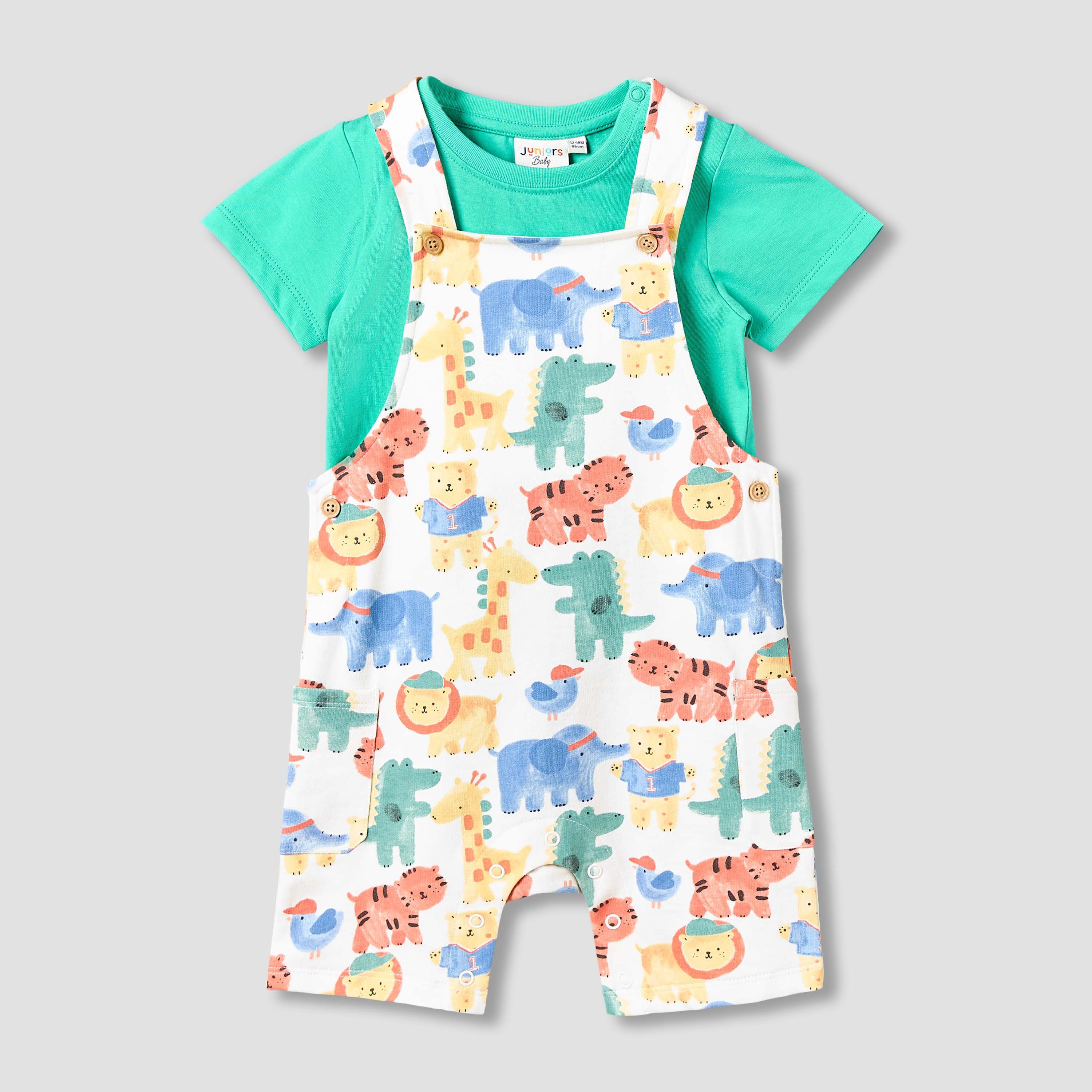 Juniors Crew Neck Short Sleeves T-shirt and Dungaree Set with Safari Print-baby-boys-clothing-setsandcoords-image-2