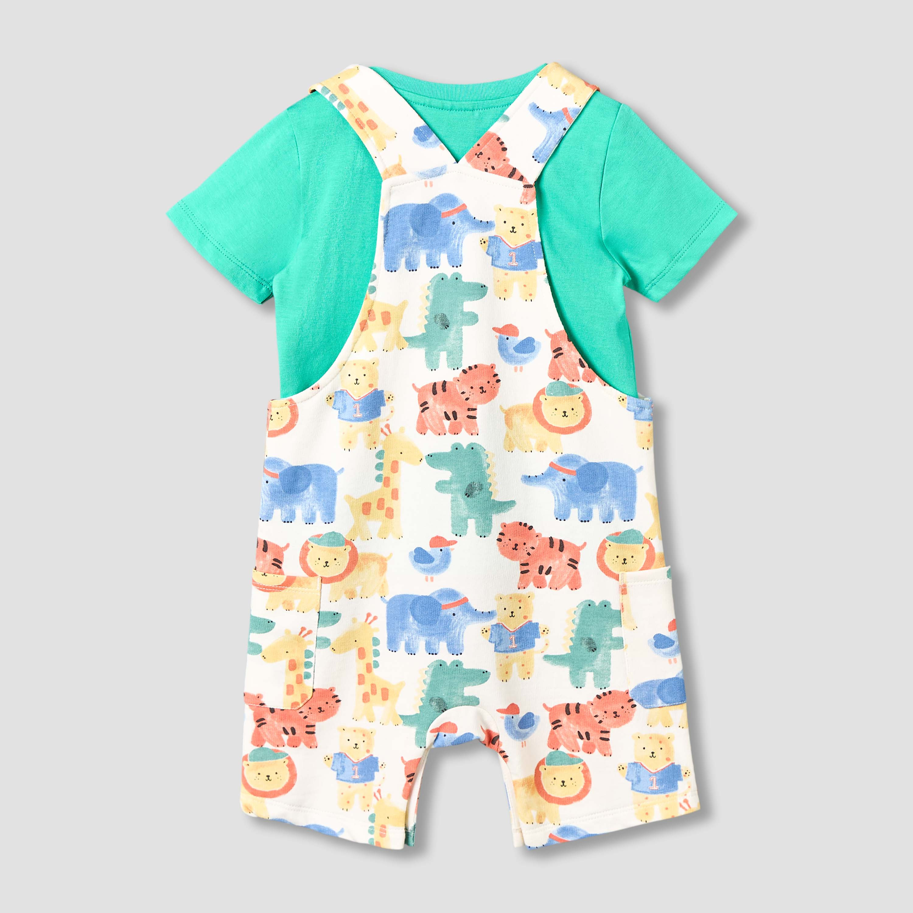 Juniors Crew Neck Short Sleeves T-shirt and Dungaree Set with Safari Print-baby-boys-clothing-setsandcoords-image-3