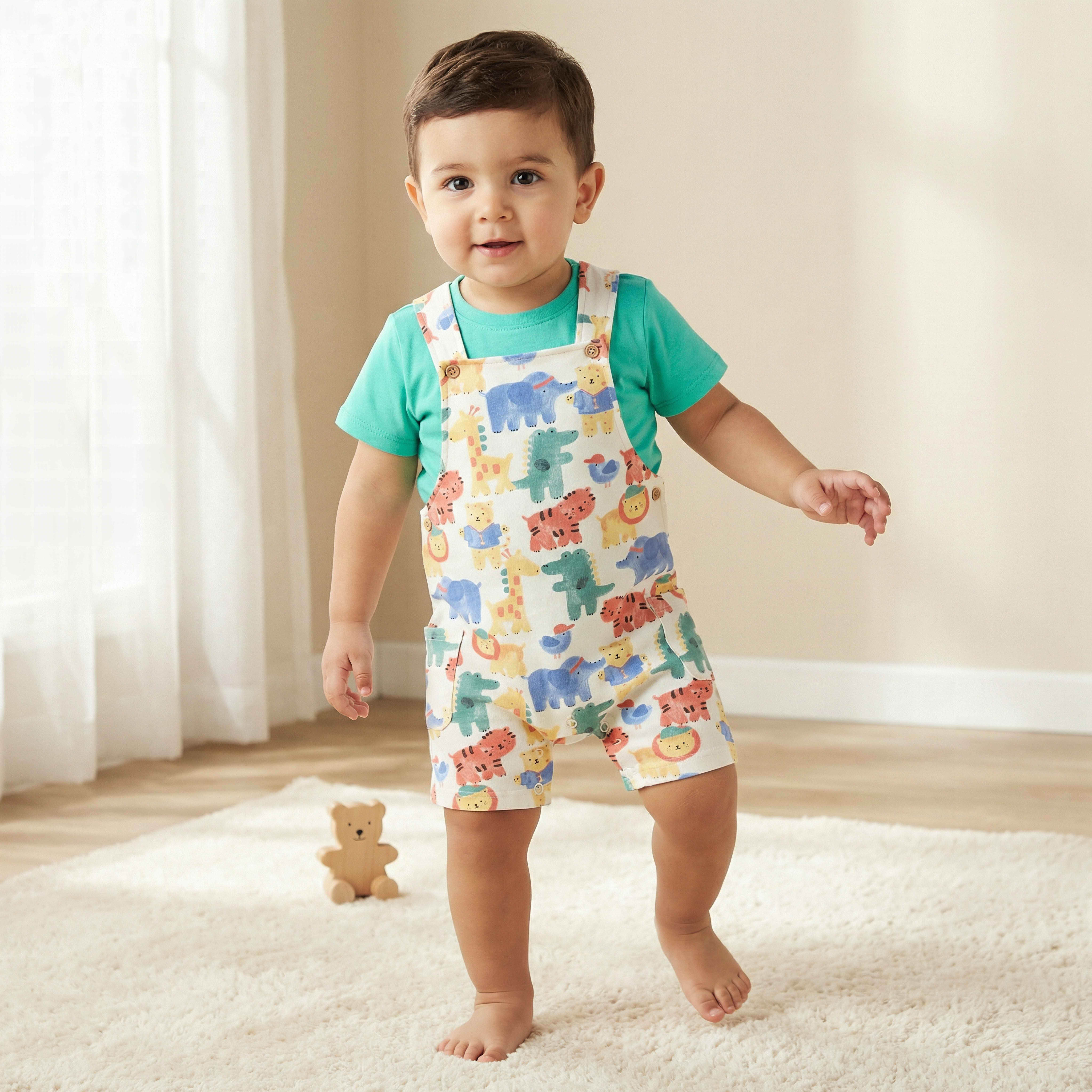 Juniors Crew Neck Short Sleeves T-shirt and Dungaree Set with Safari Print-baby-boys-clothing-setsandcoords-image-1