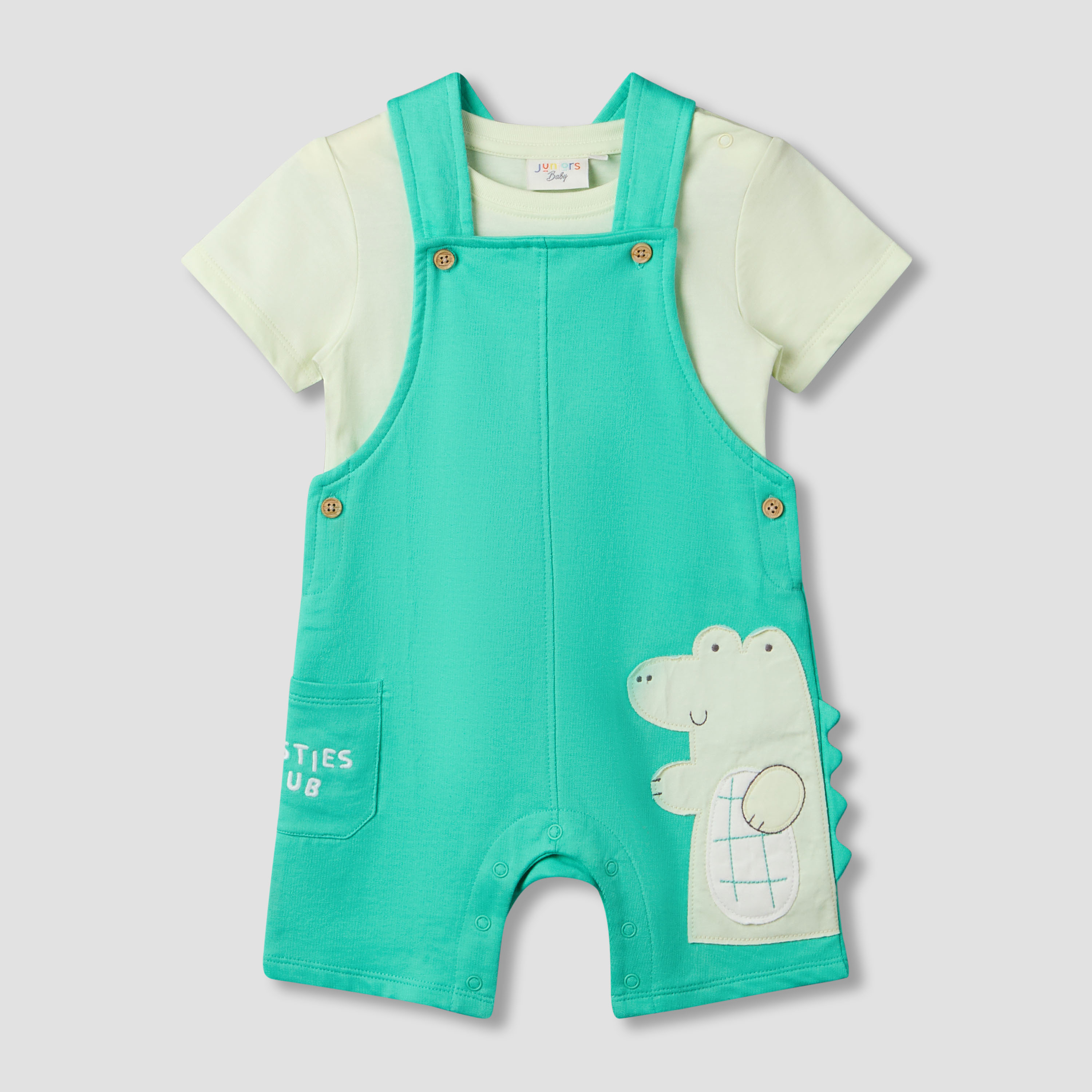 Juniors Round Neck Short Sleeve T-shirt and Dungaree Set with Alligator Applique-baby-boys-clothing-setsandcoords-image-2
