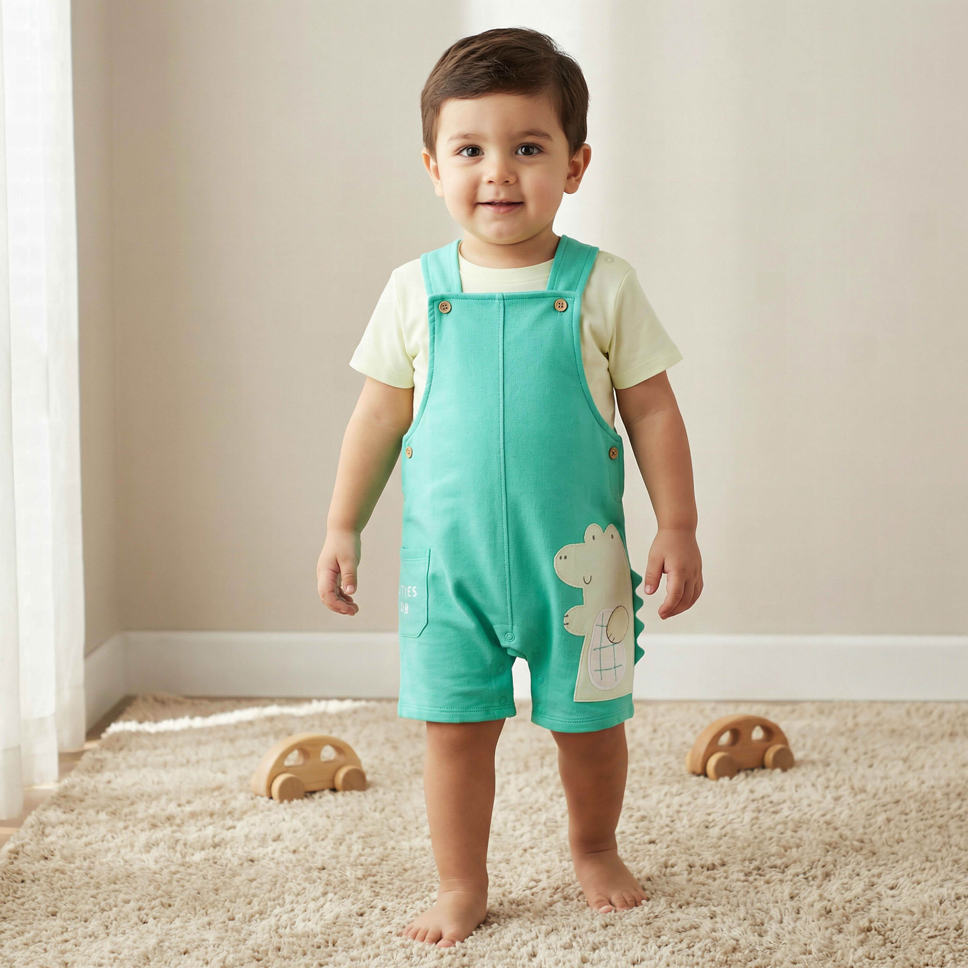 Juniors Round Neck Short Sleeve T-shirt and Dungaree Set with Alligator Applique-baby-boys-clothing-setsandcoords-image-1