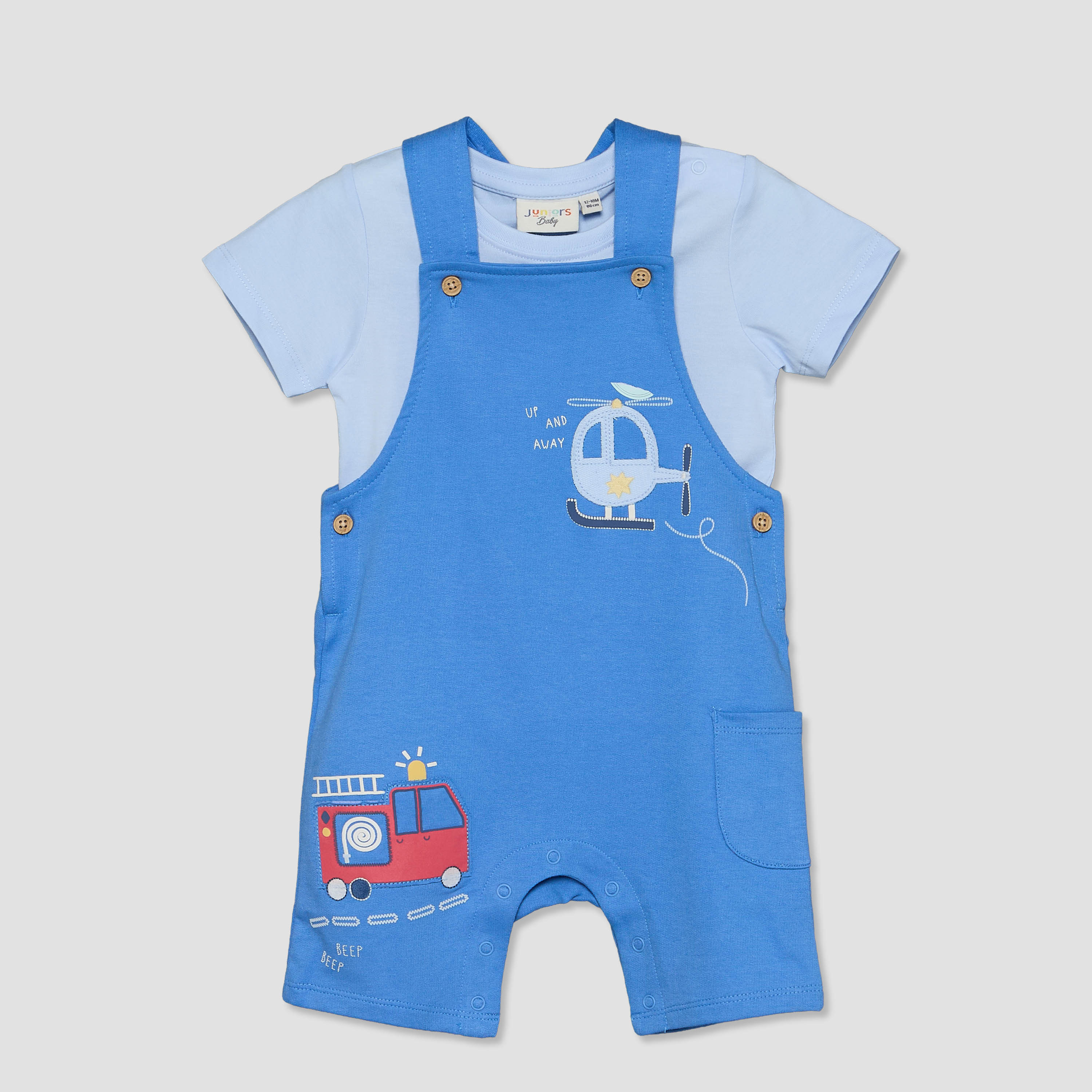 Juniors Crew Neck Short Sleeves T-shirt and Dungaree Set with Vehicle Applique-baby-boys-clothing-setsandcoords-image-1