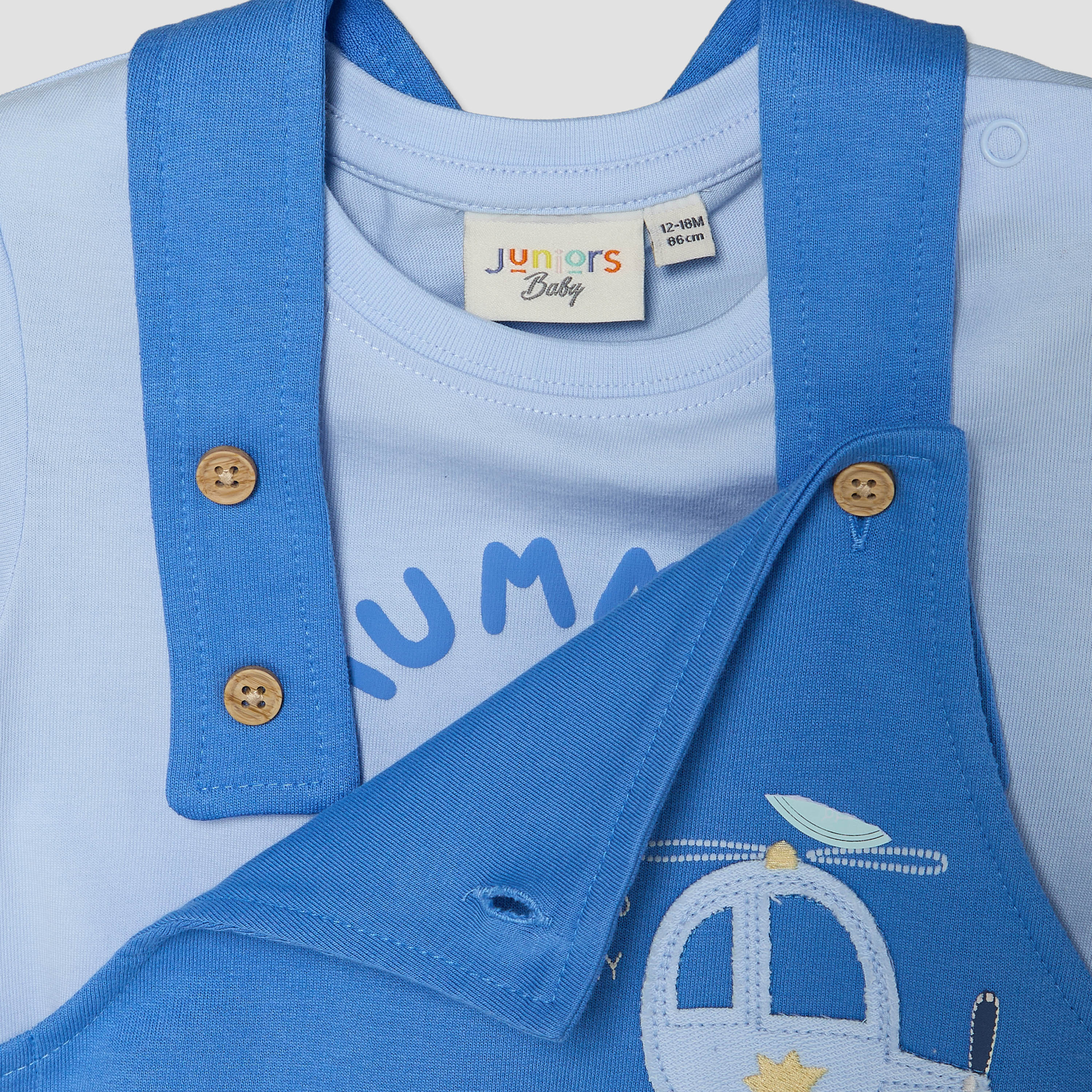 Juniors Crew Neck Short Sleeves T-shirt and Dungaree Set with Vehicle Applique-baby-boys-clothing-setsandcoords-image-4