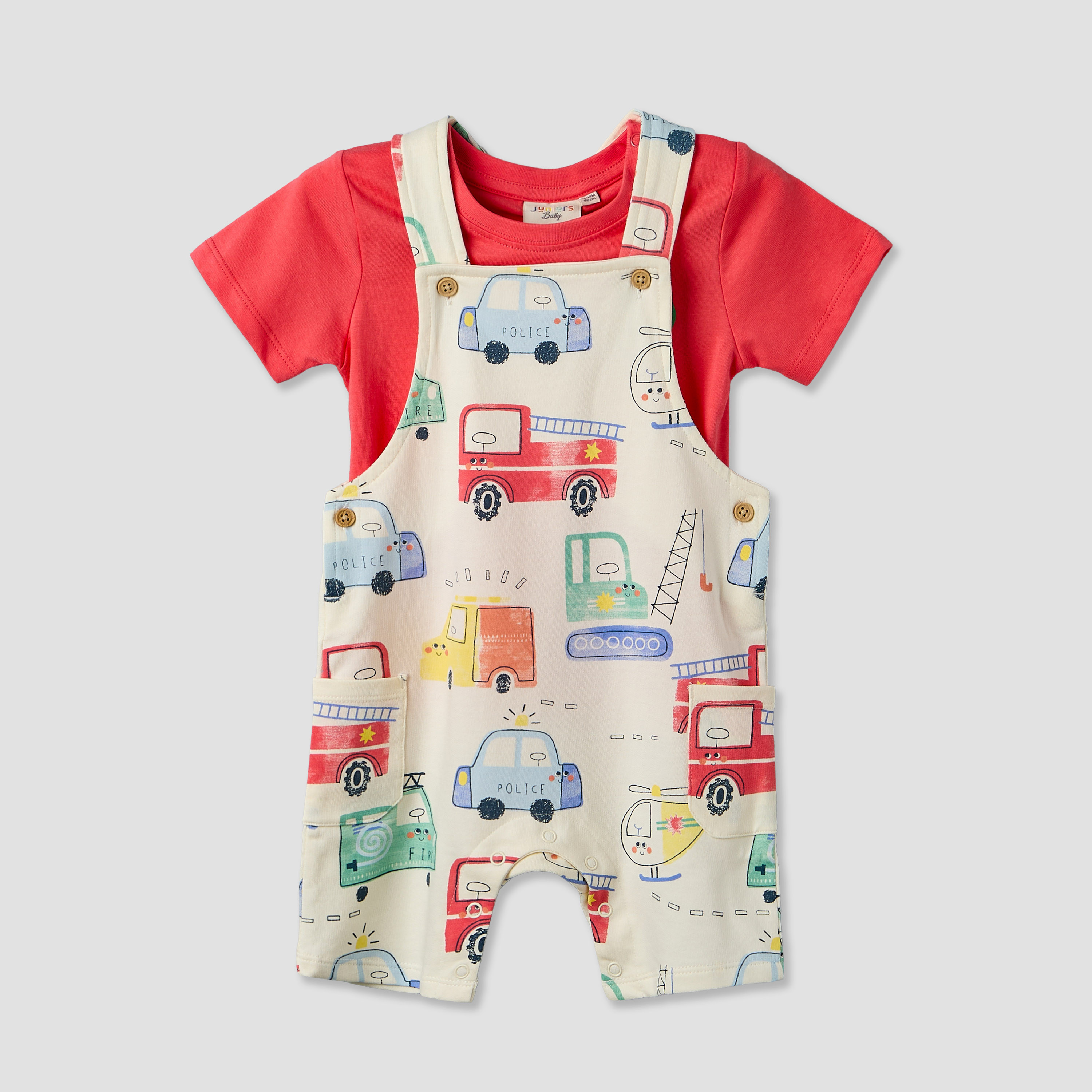Juniors Crew Neck Short Sleeves T-shirt and Dungaree Set with Vehicle Print-baby-boys-clothing-setsandcoords-image-2