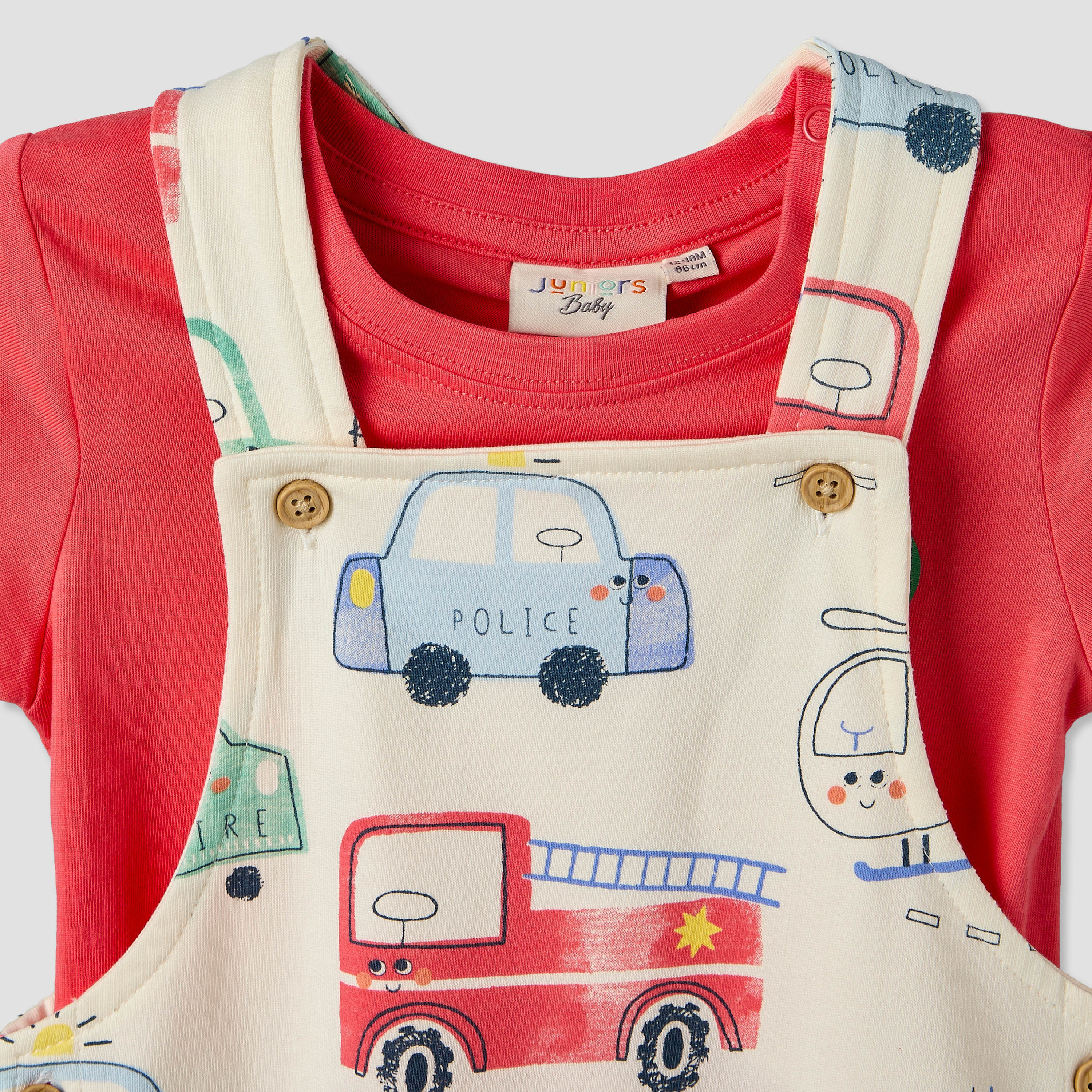 Juniors Crew Neck Short Sleeves T-shirt and Dungaree Set with Vehicle Print-baby-boys-clothing-setsandcoords-image-5