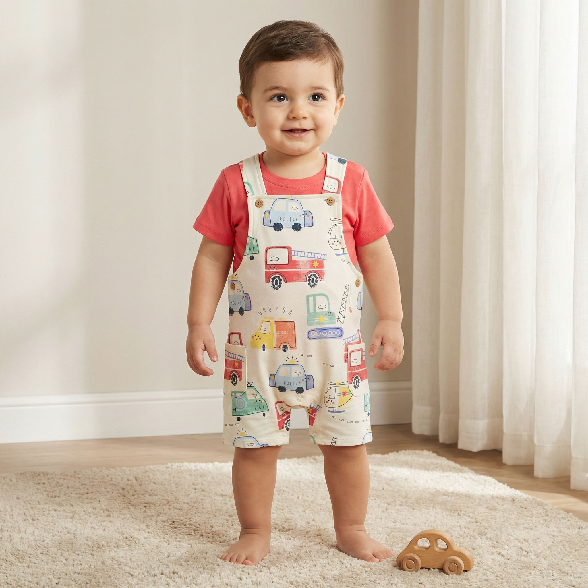 Juniors Crew Neck Short Sleeves T-shirt and Dungaree Set with Vehicle Print-baby-boys-clothing-setsandcoords-image-1