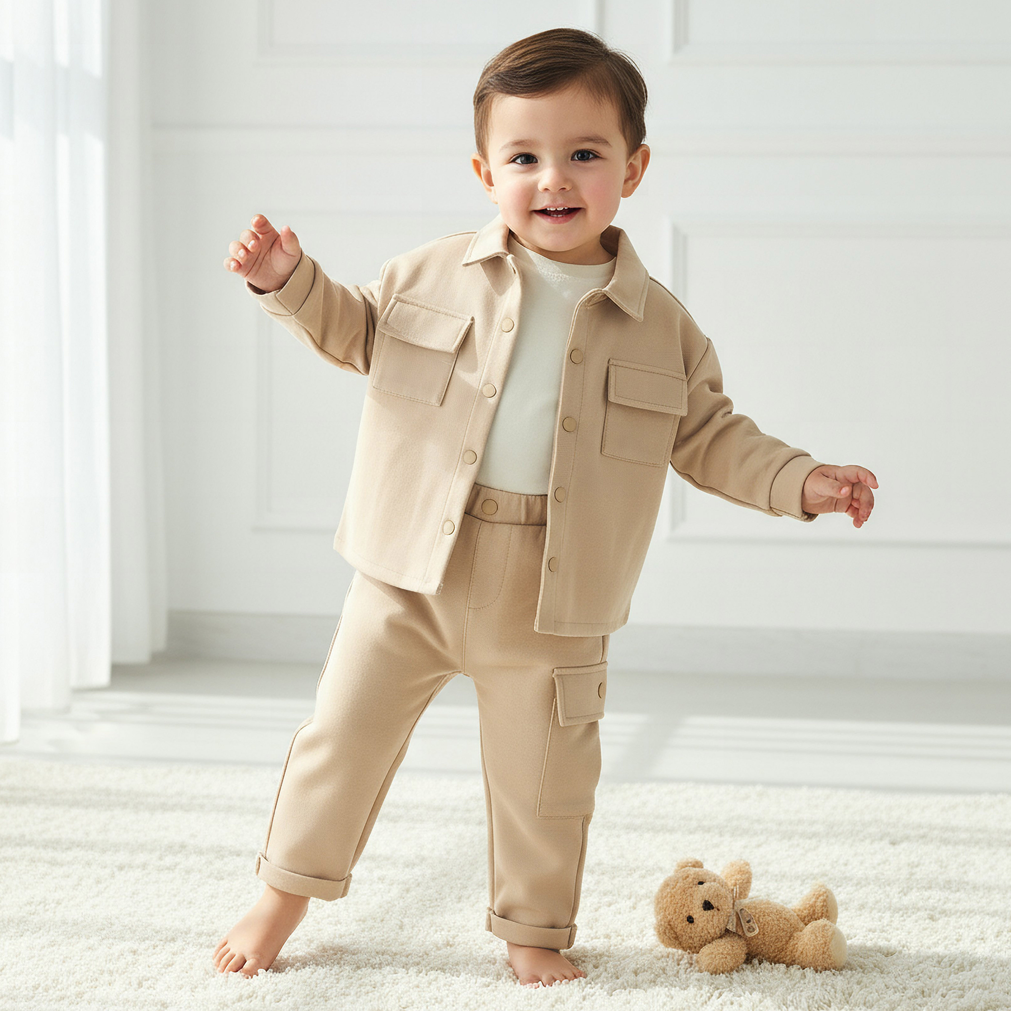 Juniors Collared Neck Long Sleeve Shirt and Pants Set with Pockets-baby-boys-clothing-setsandcoords-image-1