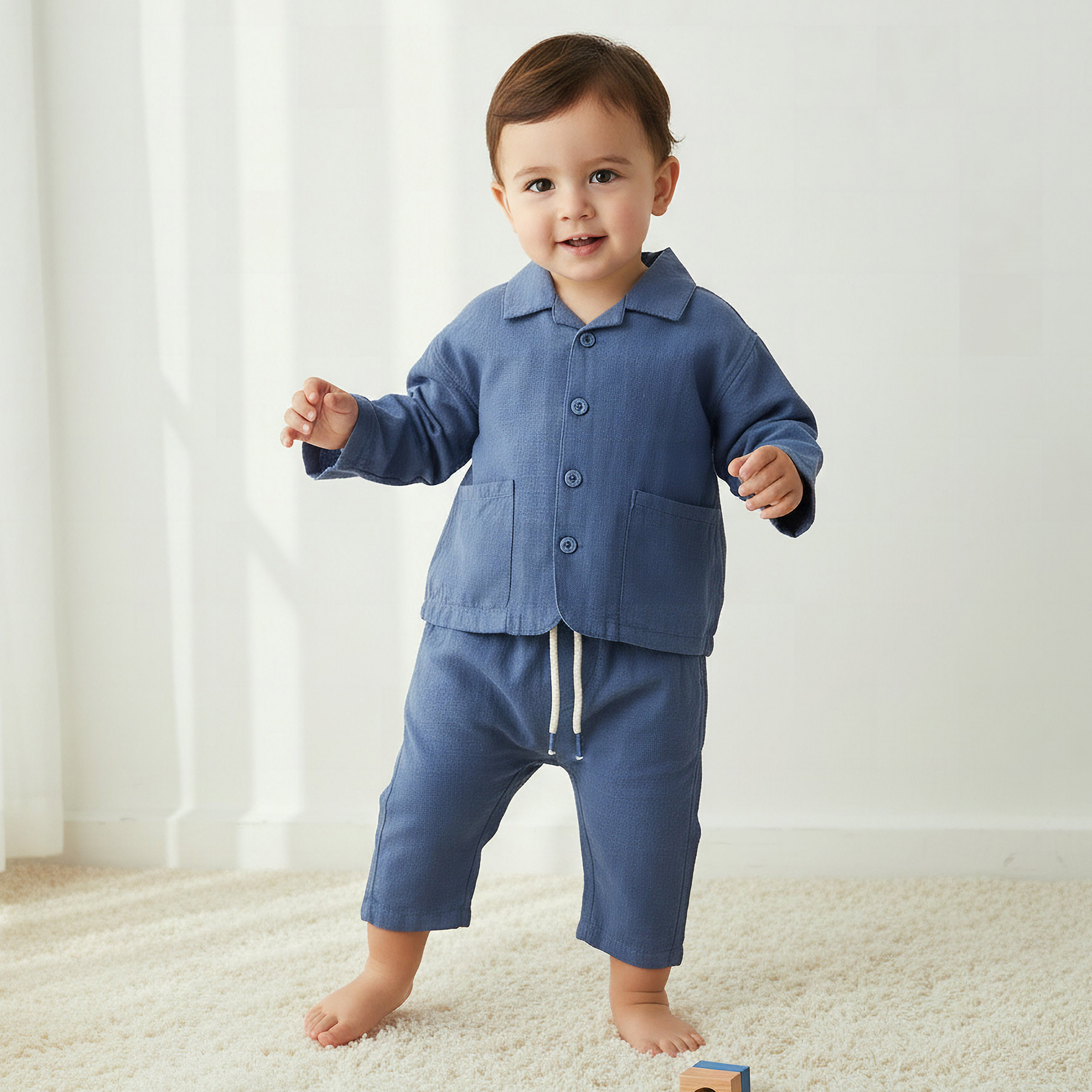 Juniors Camp Collar Long Sleeves Shirt and Pants Set with Pockets-baby-boys-clothing-setsandcoords-image-1