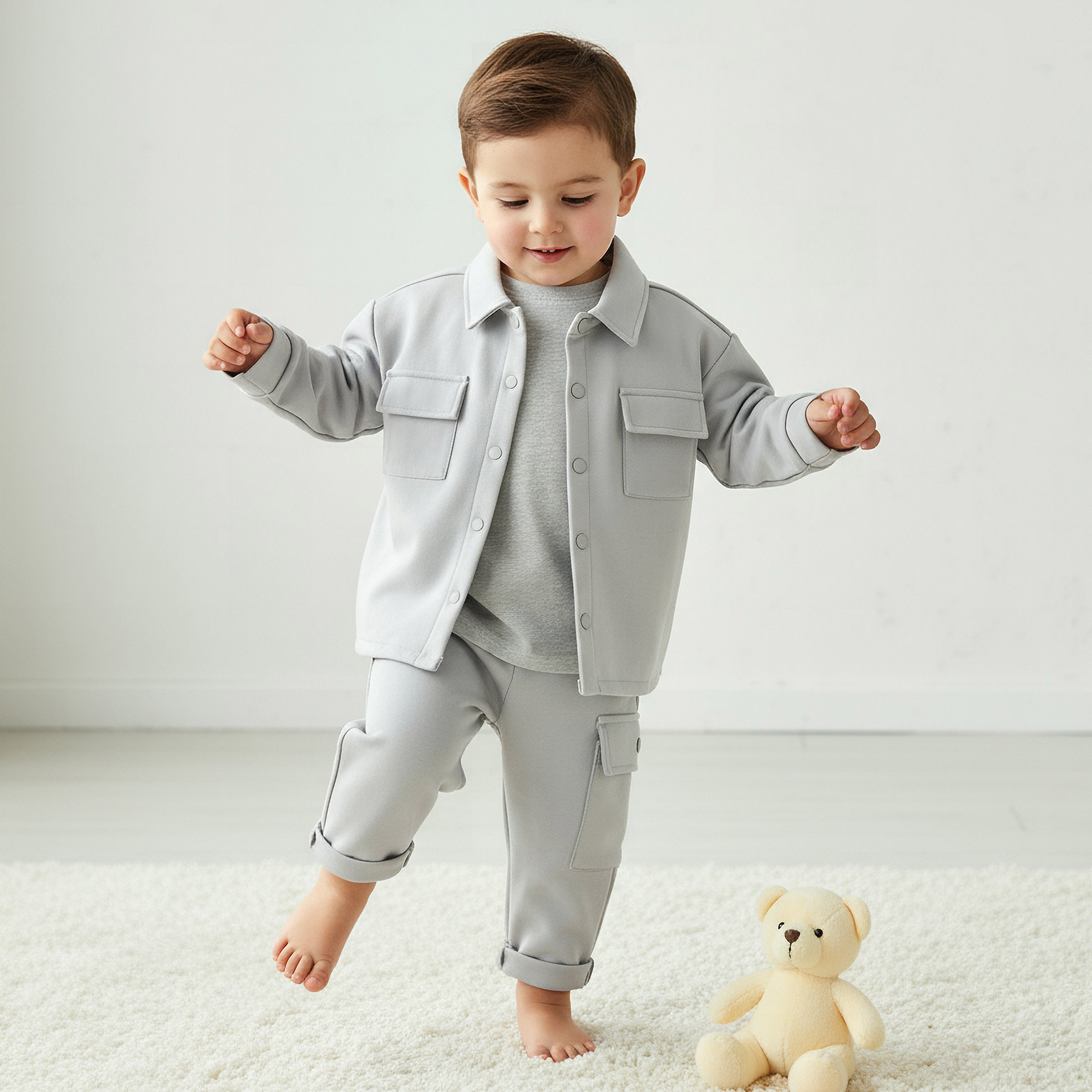 Juniors Collared Neck Long Sleeve Shirt and Pants Set with Pockets-baby-boys-clothing-setsandcoords-image-1
