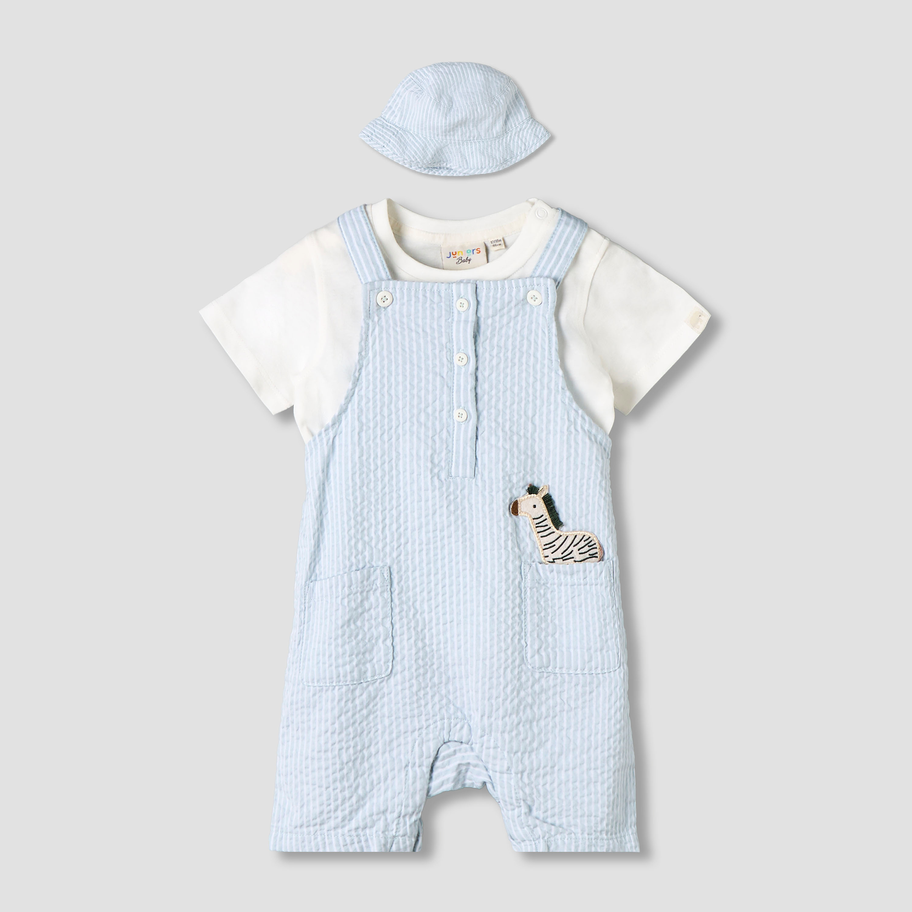 Juniors Round Neck Short Sleeve T-shirt and Dungaree Set with Cap-baby-boys-clothing-setsandcoords-image-2