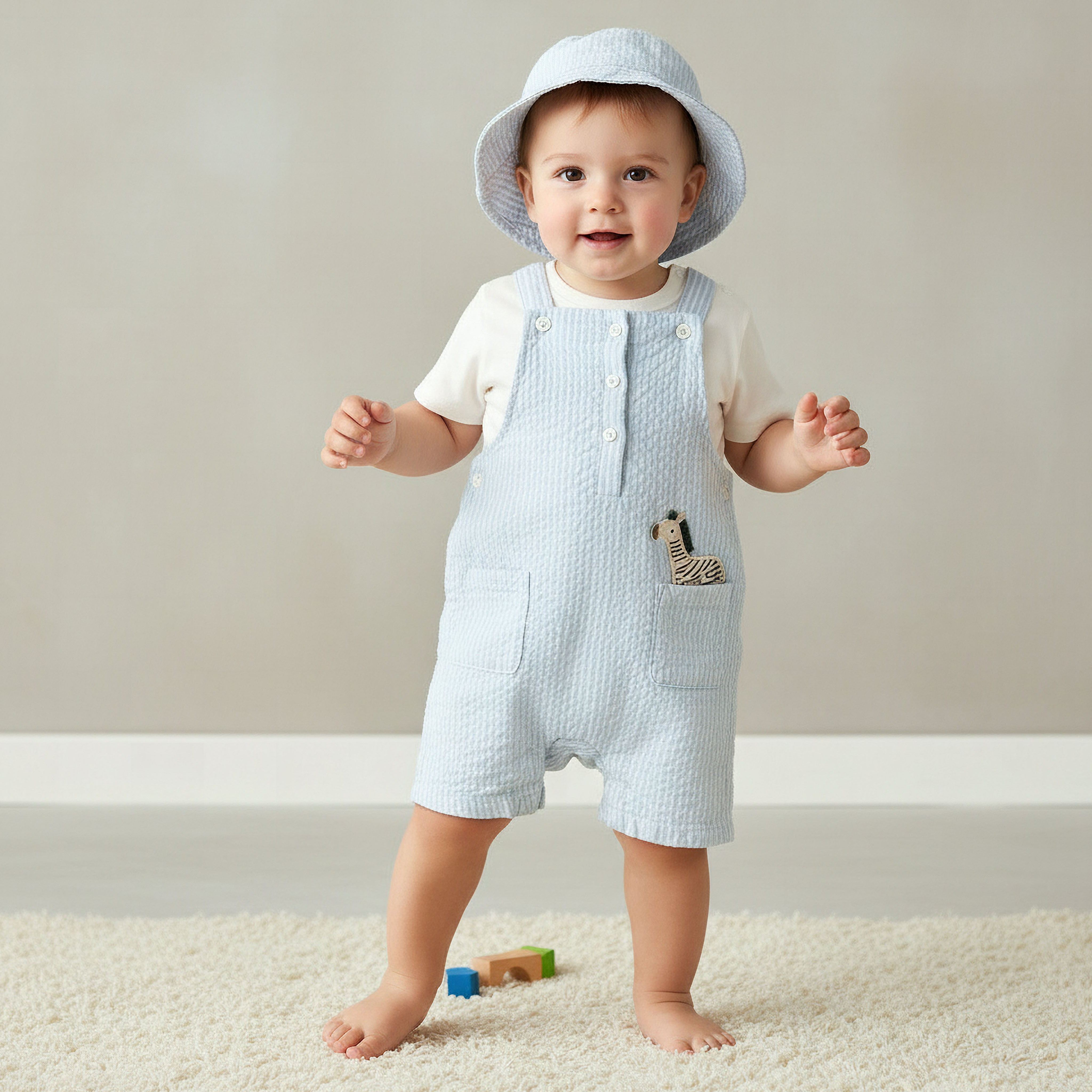 Juniors Round Neck Short Sleeve T-shirt and Dungaree Set with Cap-baby-boys-clothing-setsandcoords-image-1