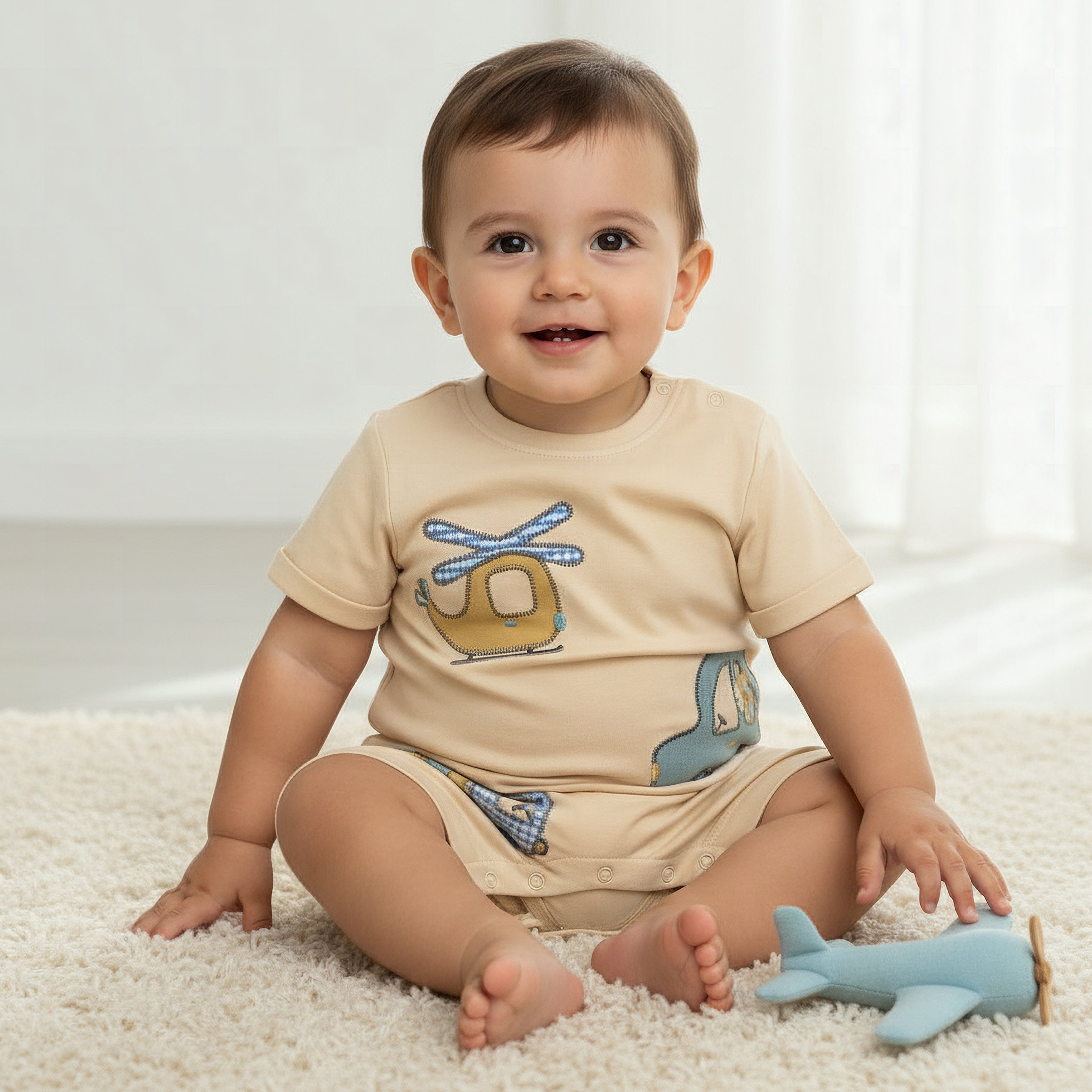 Juniors Crew Neck Short Sleeves Romper with Vehicle Embroidery-baby-boys-clothing-rompers-image-1