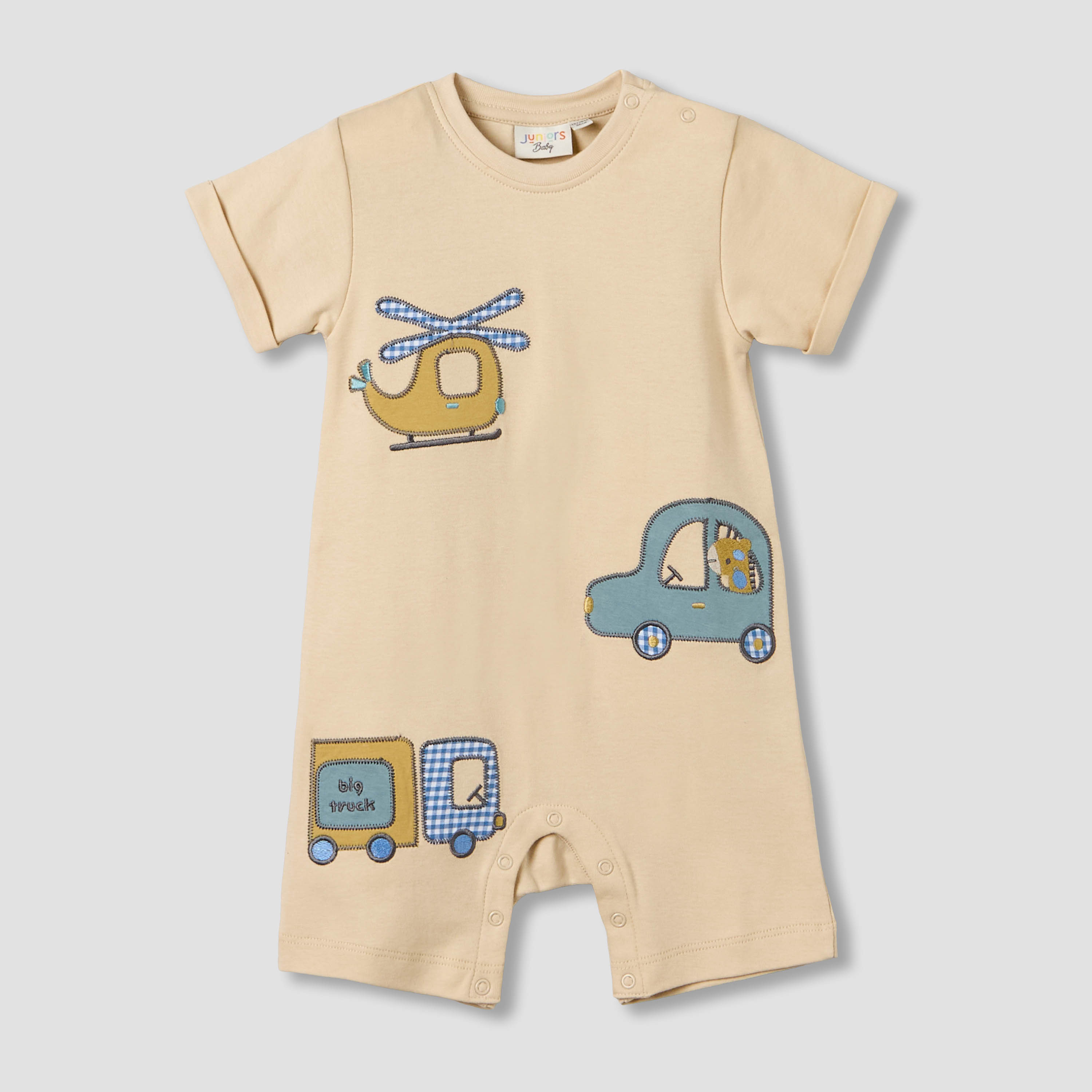 Juniors Crew Neck Short Sleeves Romper with Vehicle Embroidery-baby-boys-clothing-rompers-image-2