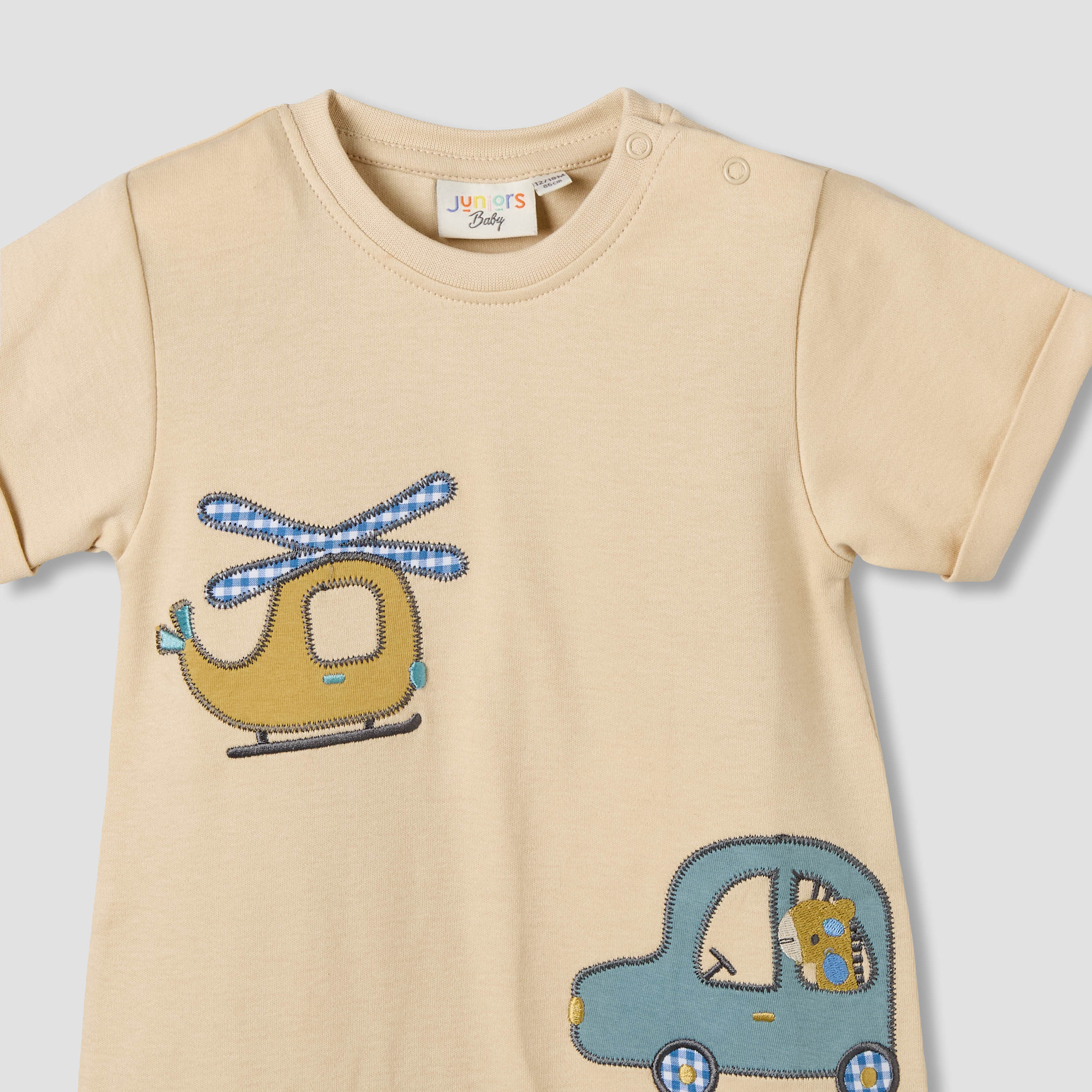 Juniors Crew Neck Short Sleeves Romper with Vehicle Embroidery-baby-boys-clothing-rompers-image-4