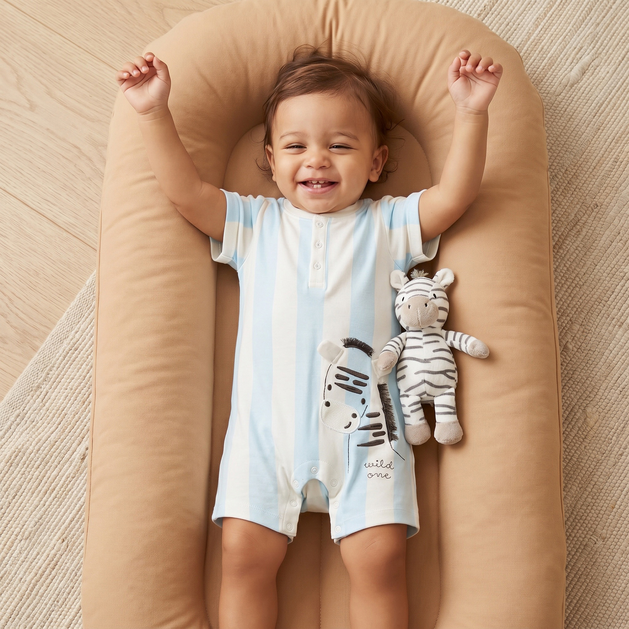 Juniors Henley Neck Short Sleeve Romper with Zebra Applique-baby-boys-clothing-rompers-image-1