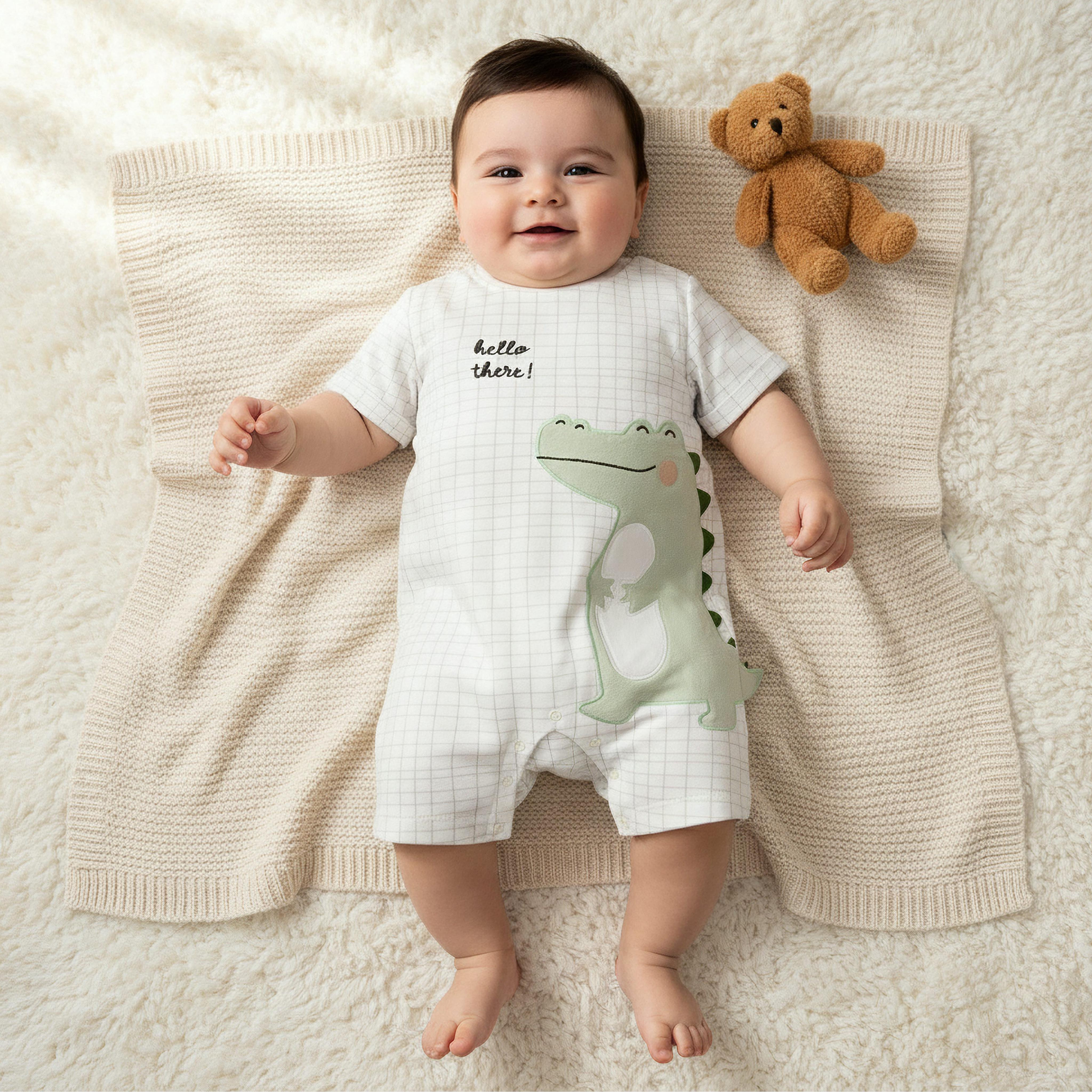 Juniors Crew Neck Short Sleeves Romper with Crocodile Applique-baby-boys-clothing-rompers-image-1