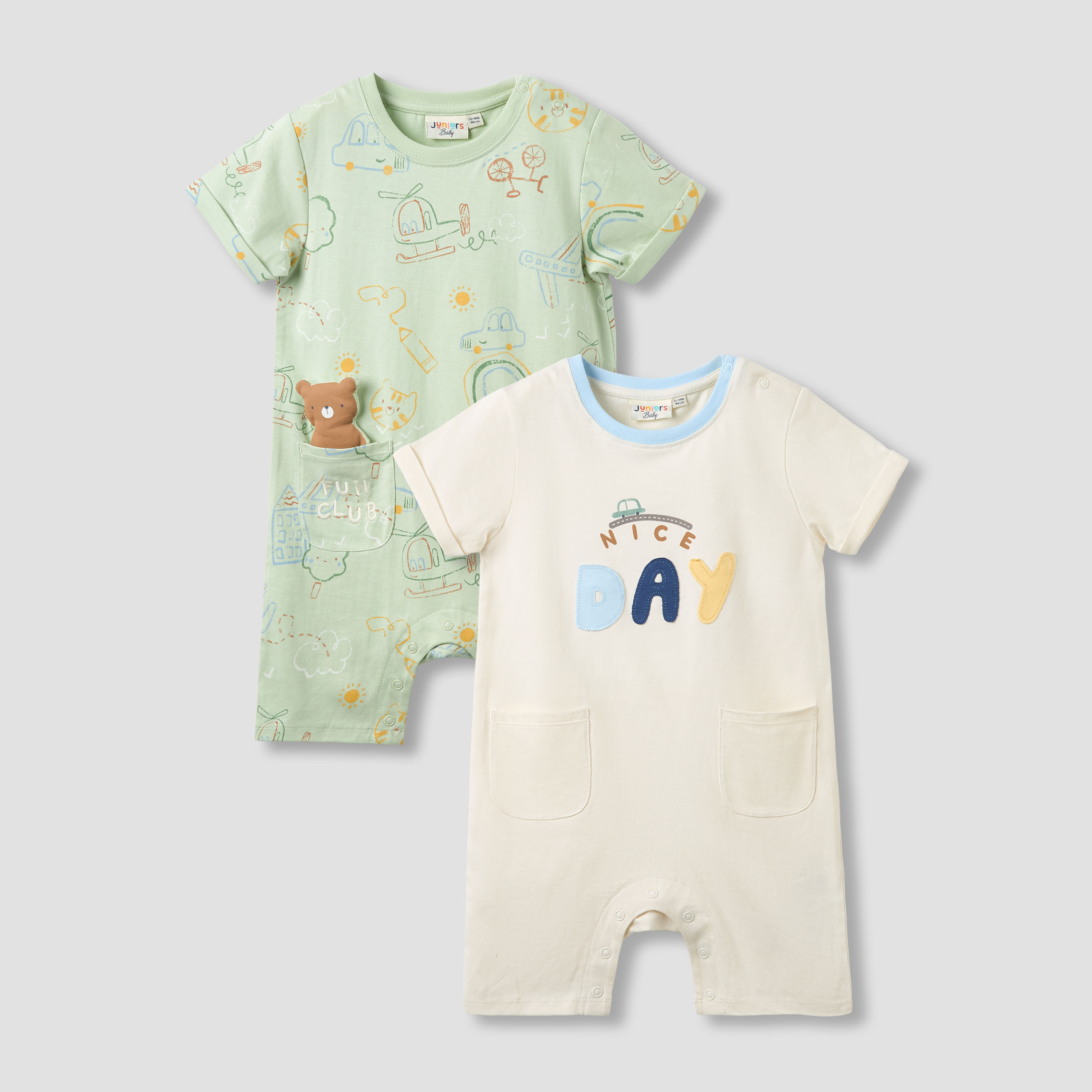 Pack of 2 Juniors Round Neck Short Sleeve Romper with Snap Button Closure-baby-boys-clothing-multipacks-image-1