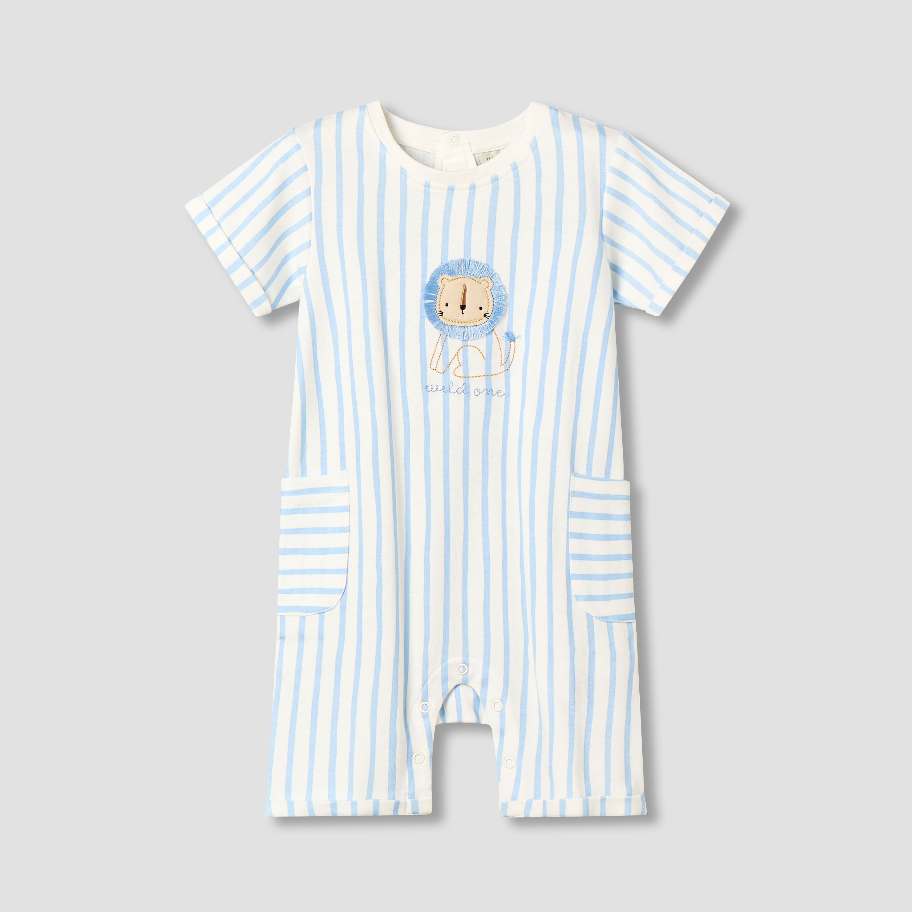 Juniors Crew Neck Short Sleeves Romper with Striped Lion Applique-baby-boys-clothing-rompers-image-2