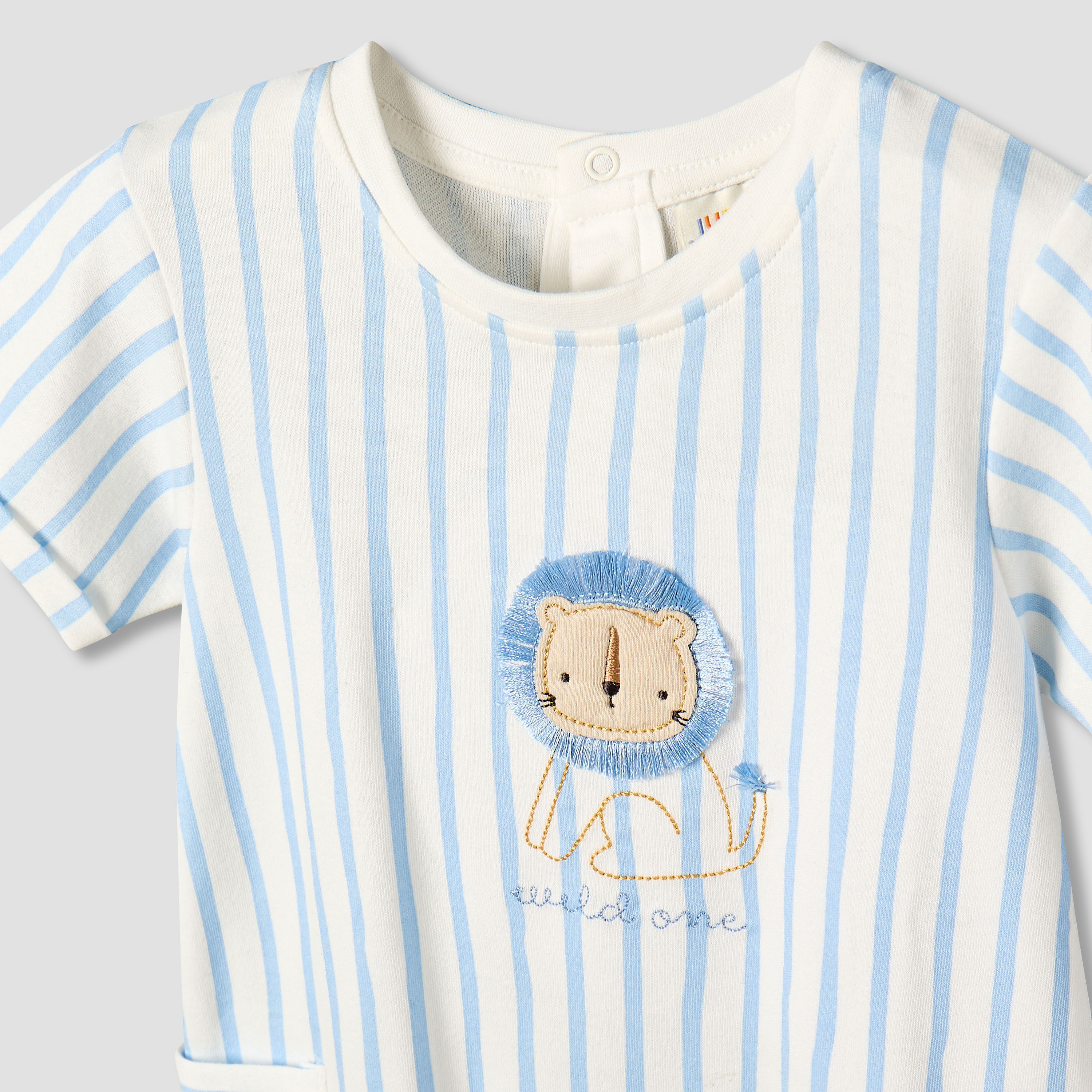 Juniors Crew Neck Short Sleeves Romper with Striped Lion Applique-baby-boys-clothing-rompers-image-4