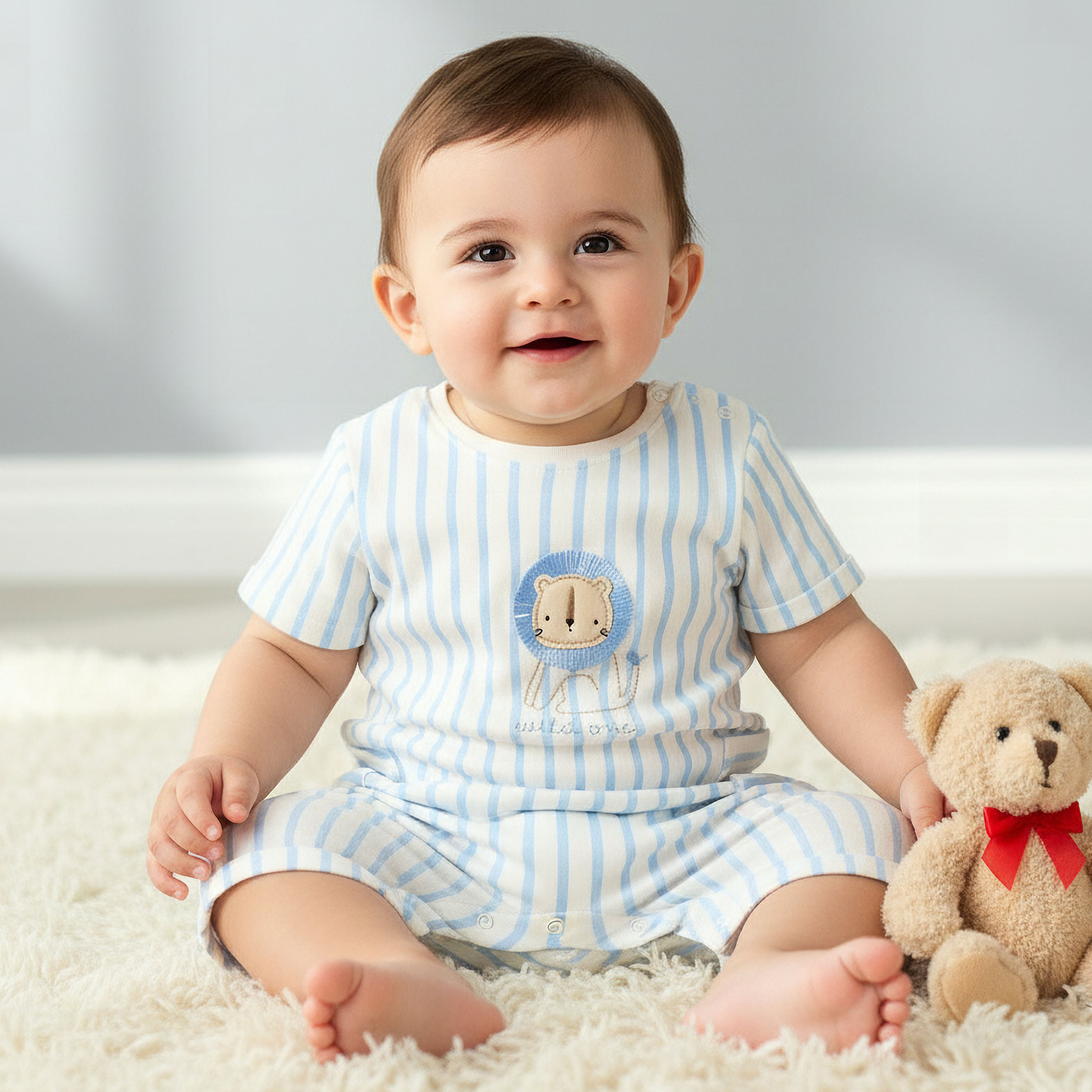 Juniors Crew Neck Short Sleeves Romper with Striped Lion Applique-baby-boys-clothing-rompers-image-1