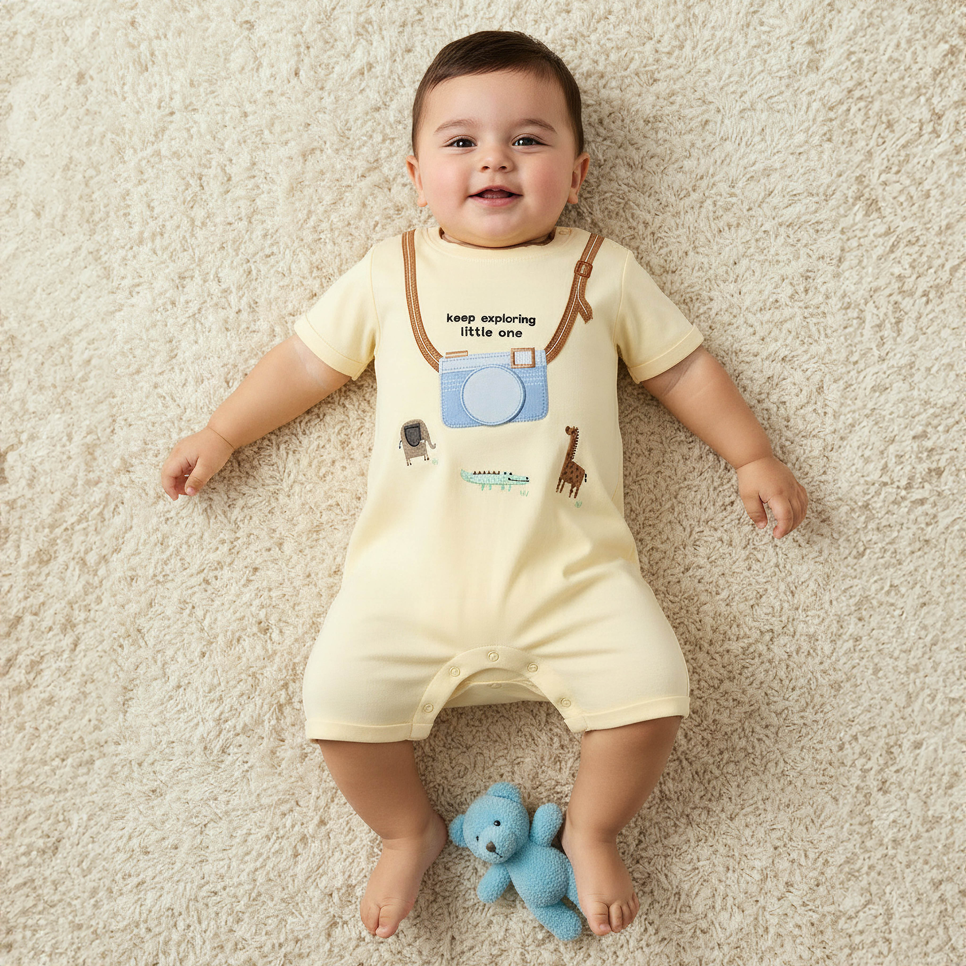 Juniors Crew Neck Short Sleeves Romper with Animal Embroidery-baby-boys-clothing-rompers-image-1