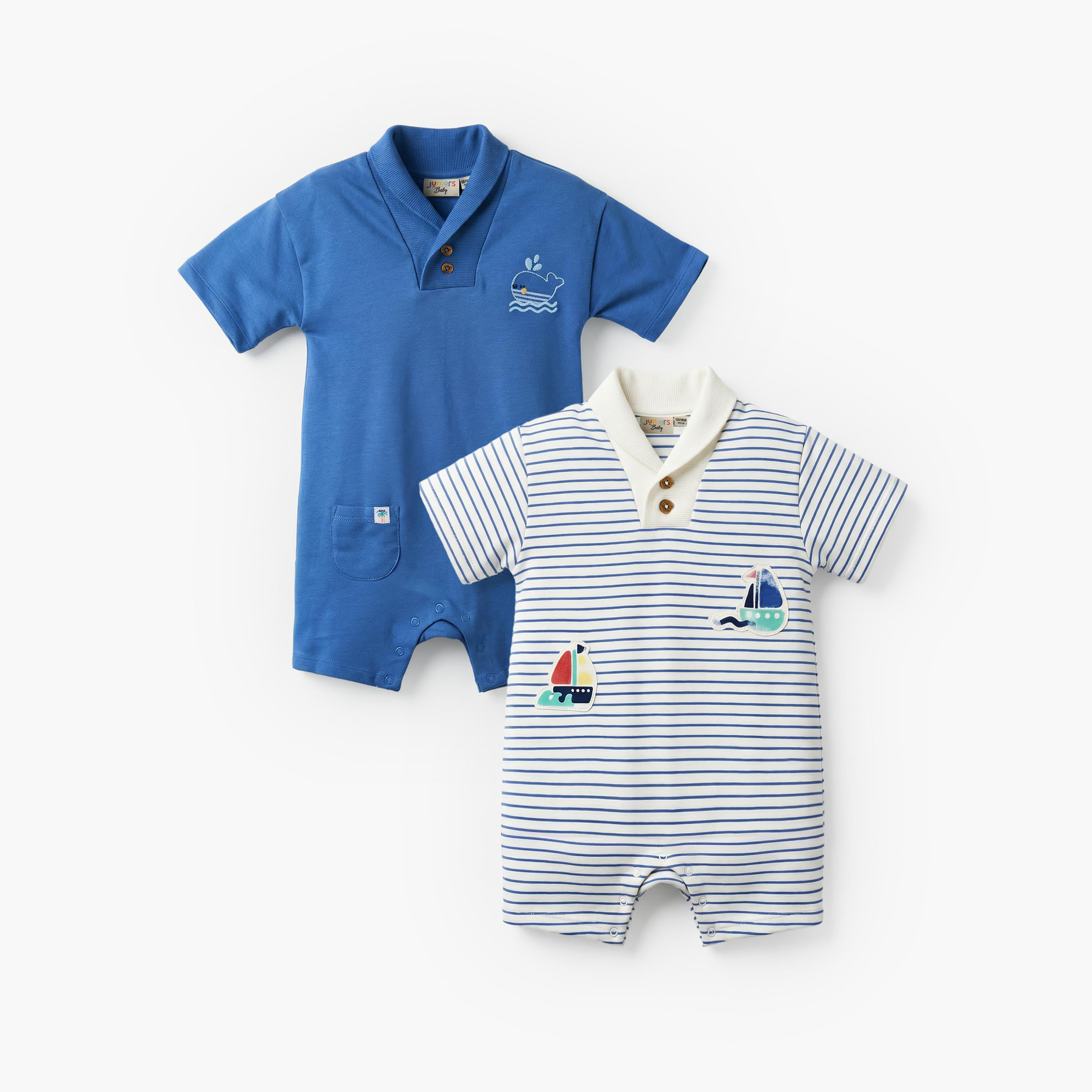 Pack of 2 Juniors Collared Neck Short Sleeve Romper with Embroidery-baby-boys-clothing-rompers-image-1