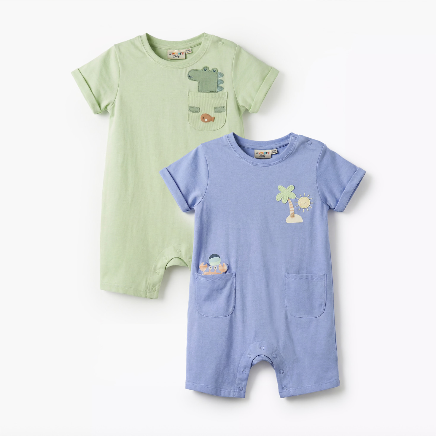 Pack of 2 Juniors Round Neck Short Sleeves Romper with Snap Button Closure-baby-boys-clothing-rompers-image-1