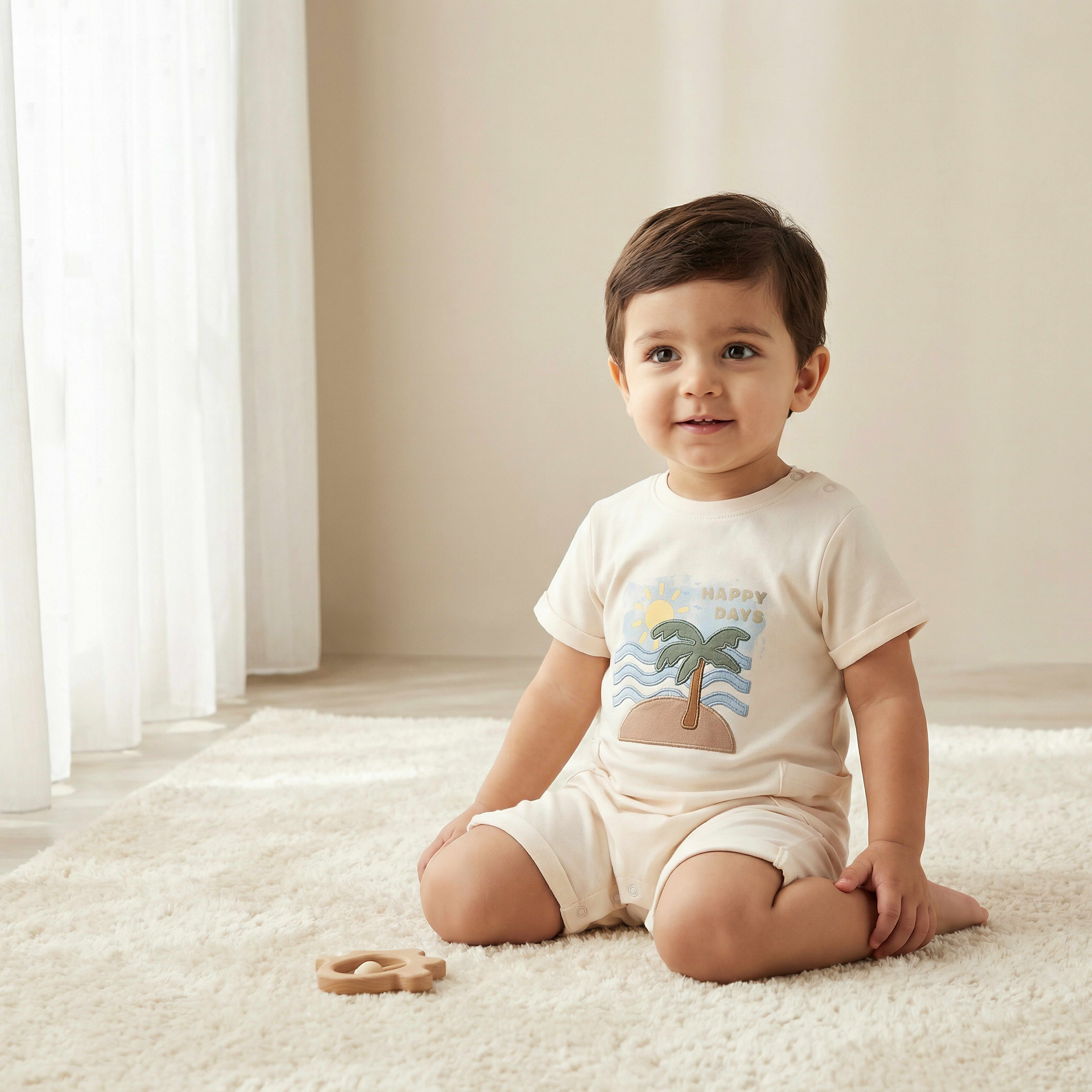 Juniors Crew Neck Short Sleeves Romper with Island Embroidery-baby-boys-clothing-rompers-image-1