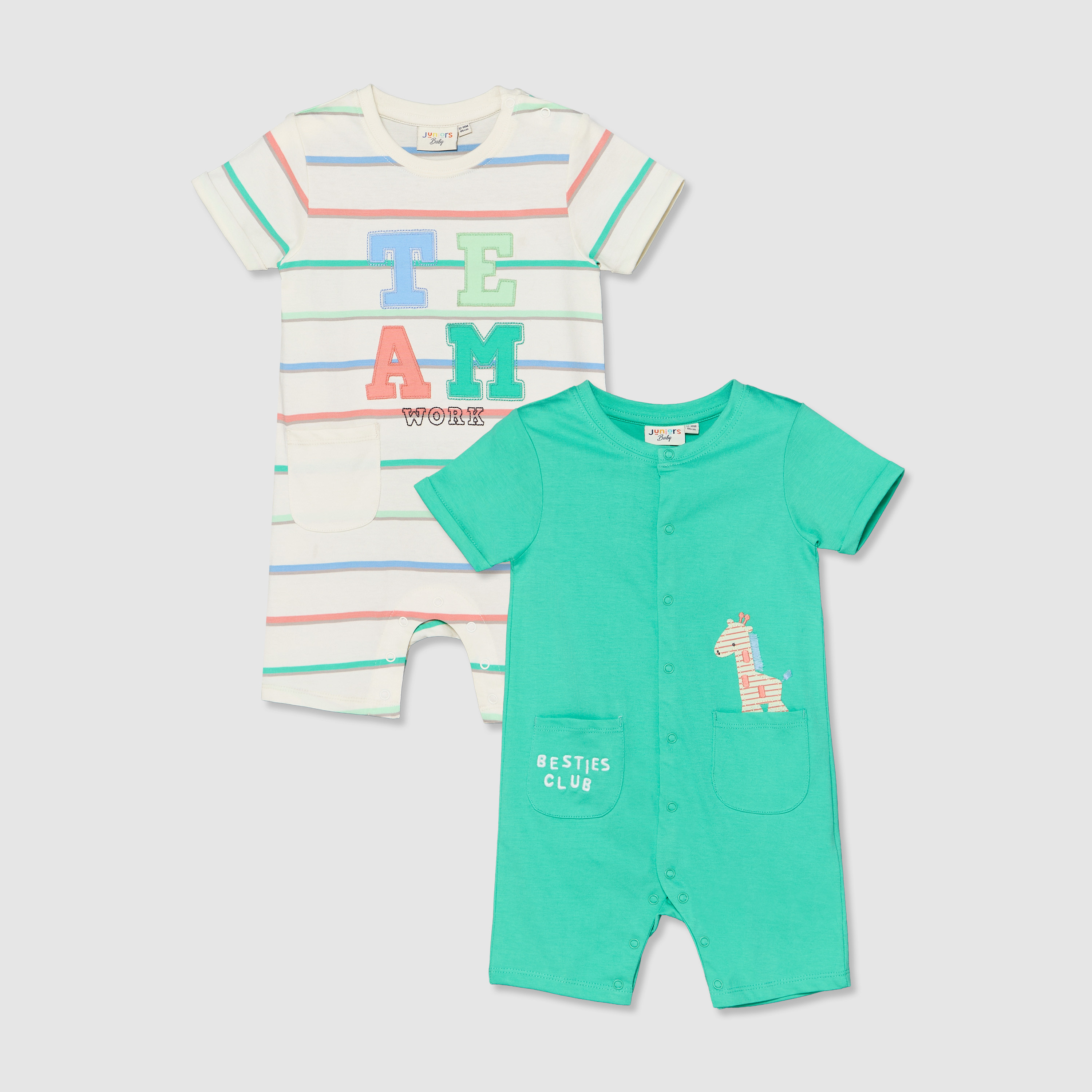 Pack of 2 Juniors Round Neck Short Sleeves Romper with Applique Detail-baby-boys-clothing-rompers-image-1