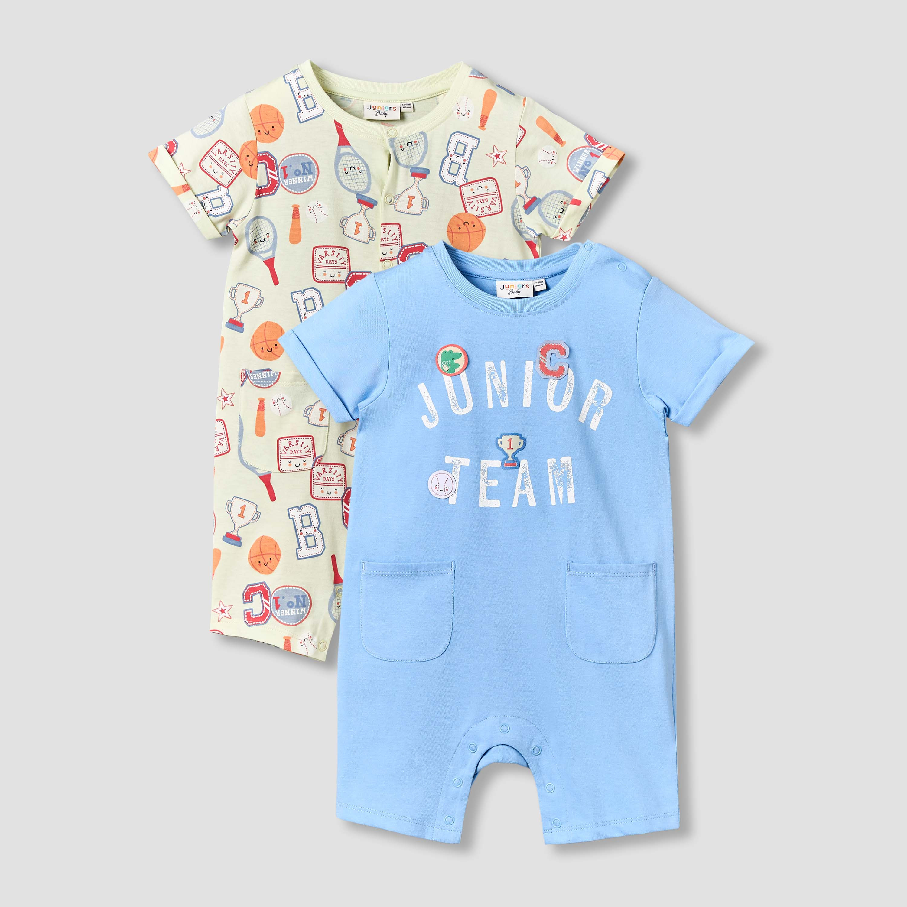 Pack of 2 Juniors Round Neck Short Sleeve Romper with Pockets-baby-boys-clothing-rompers-image-1