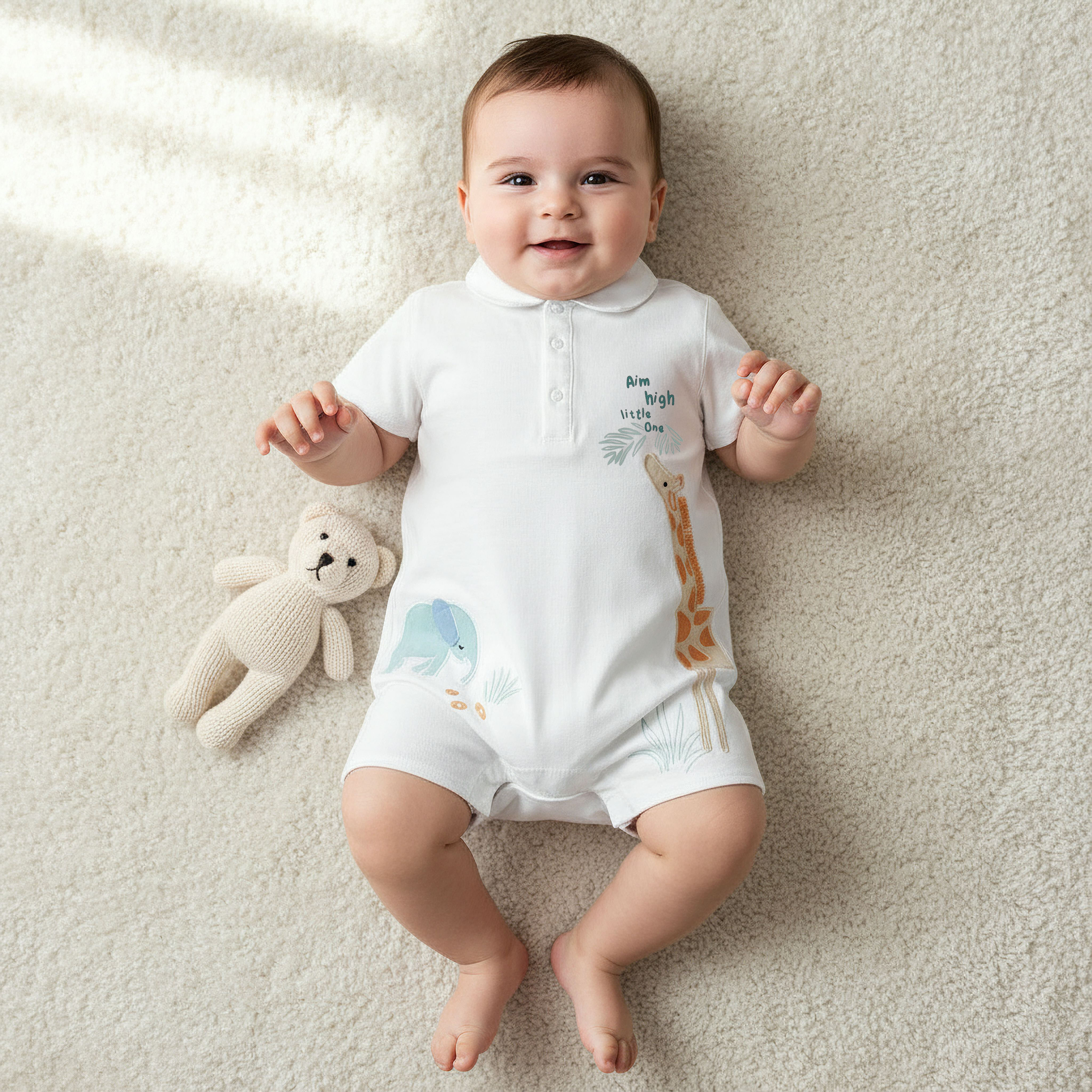 Juniors Collared Short Sleeves Romper with Animal Applique-baby-boys-clothing-rompers-image-1