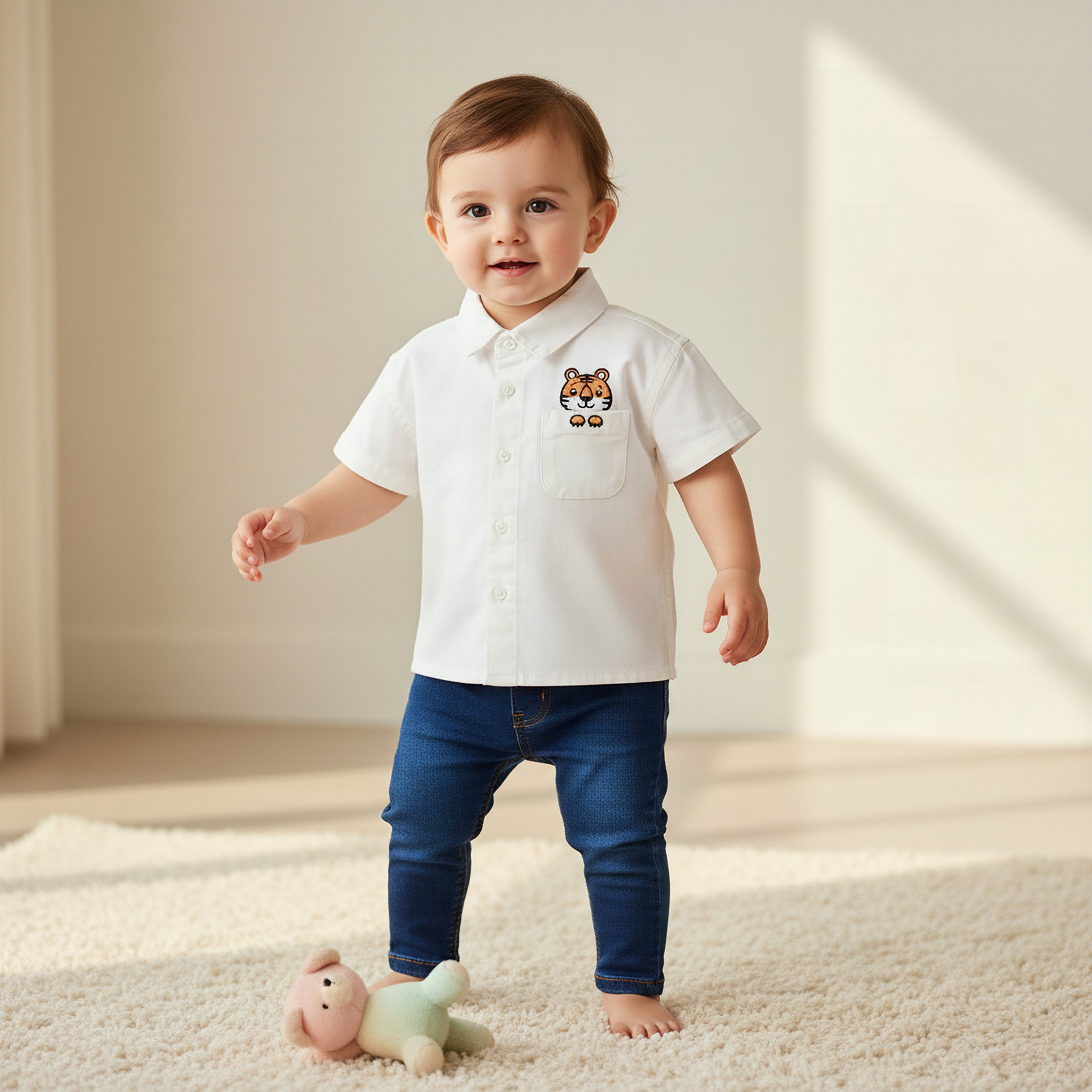 Juniors Short Sleeves Shirt with Tiger Embroidery-baby-boys-clothing-shirts-image-1