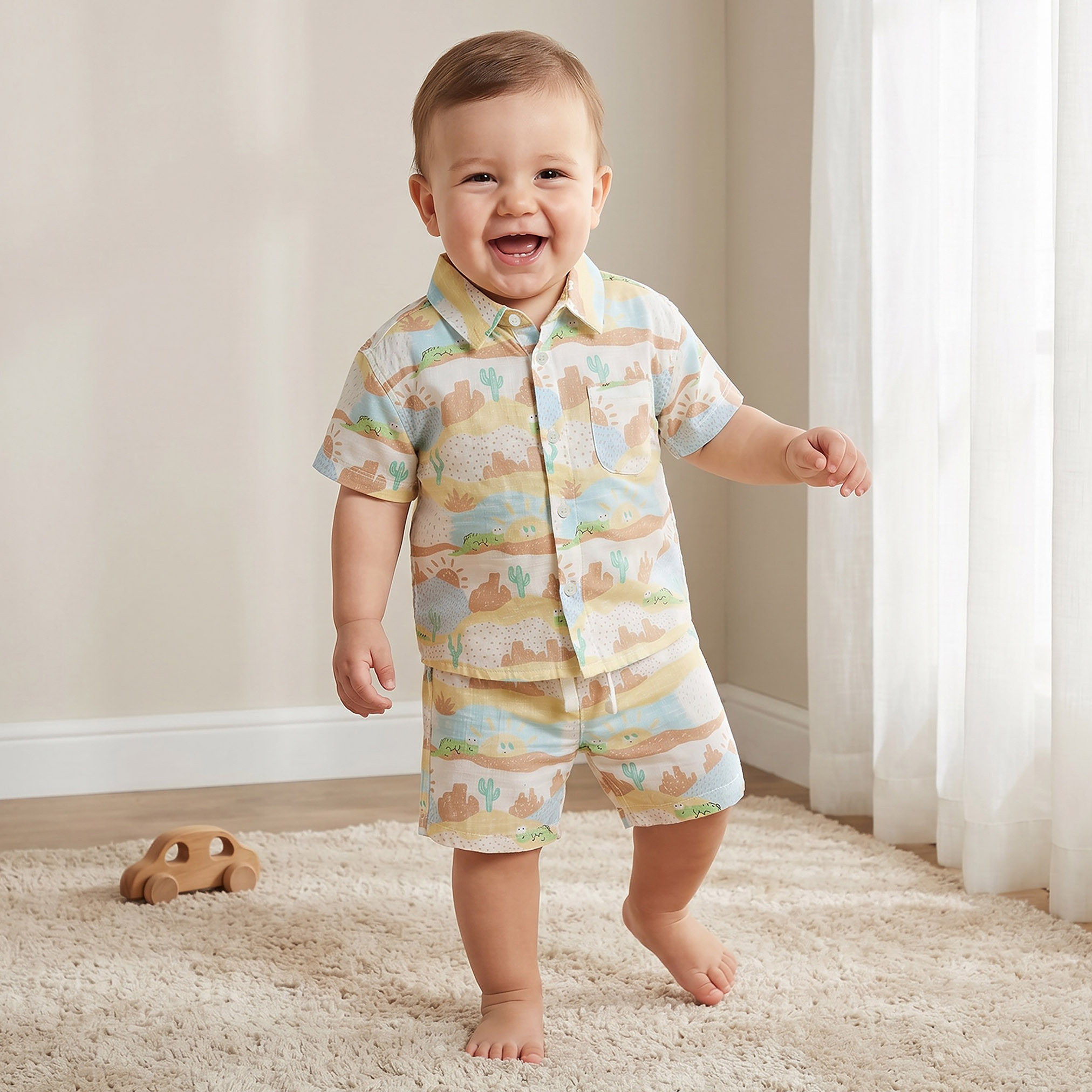 Juniors Collared Short Sleeves Shirt and Shorts Set with Desert Print-baby-boys-clothing-setsandcoords-image-1
