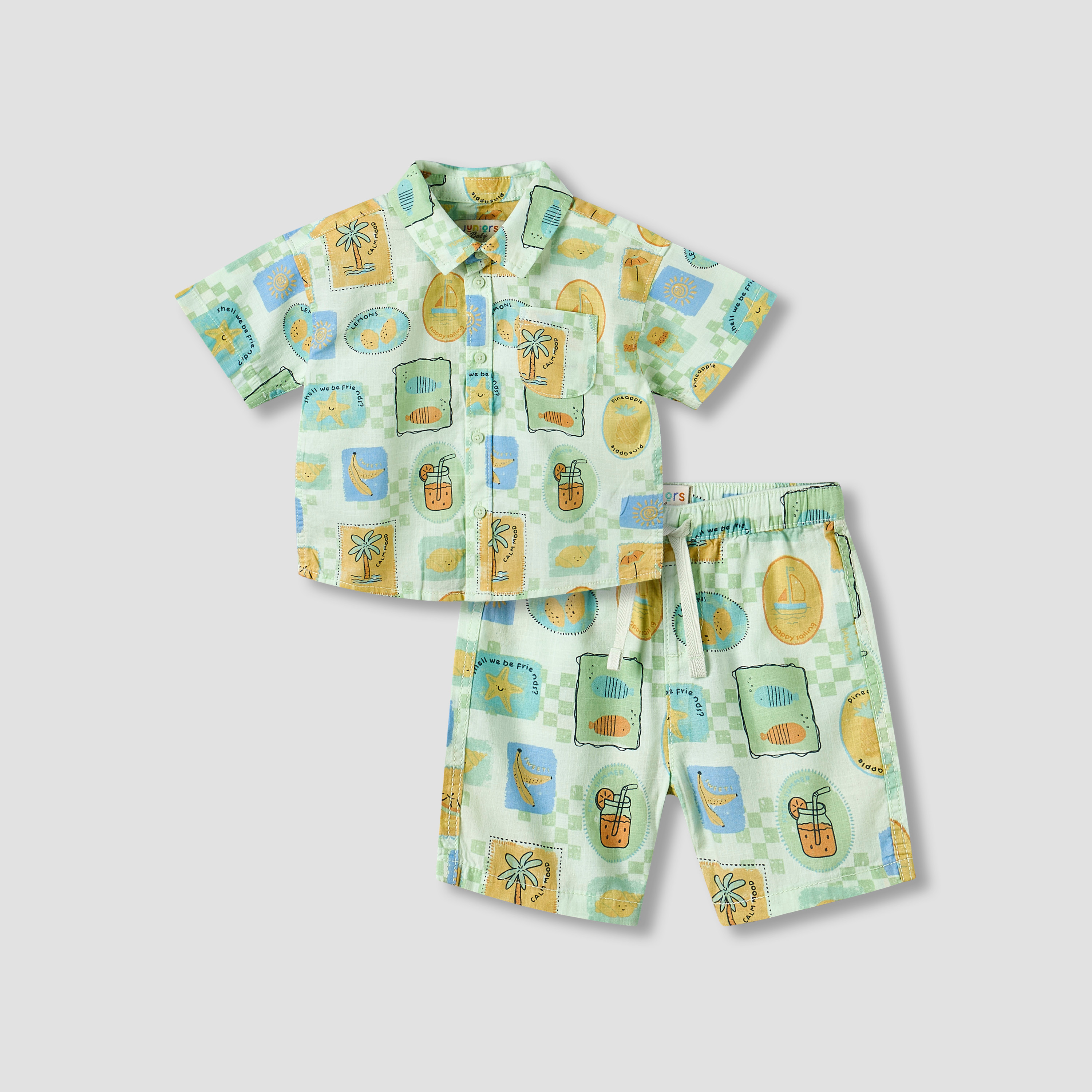 Juniors Collared Short Sleeve Shirt and Shorts Set with Tropical Print-baby-boys-clothing-setsandcoords-image-2