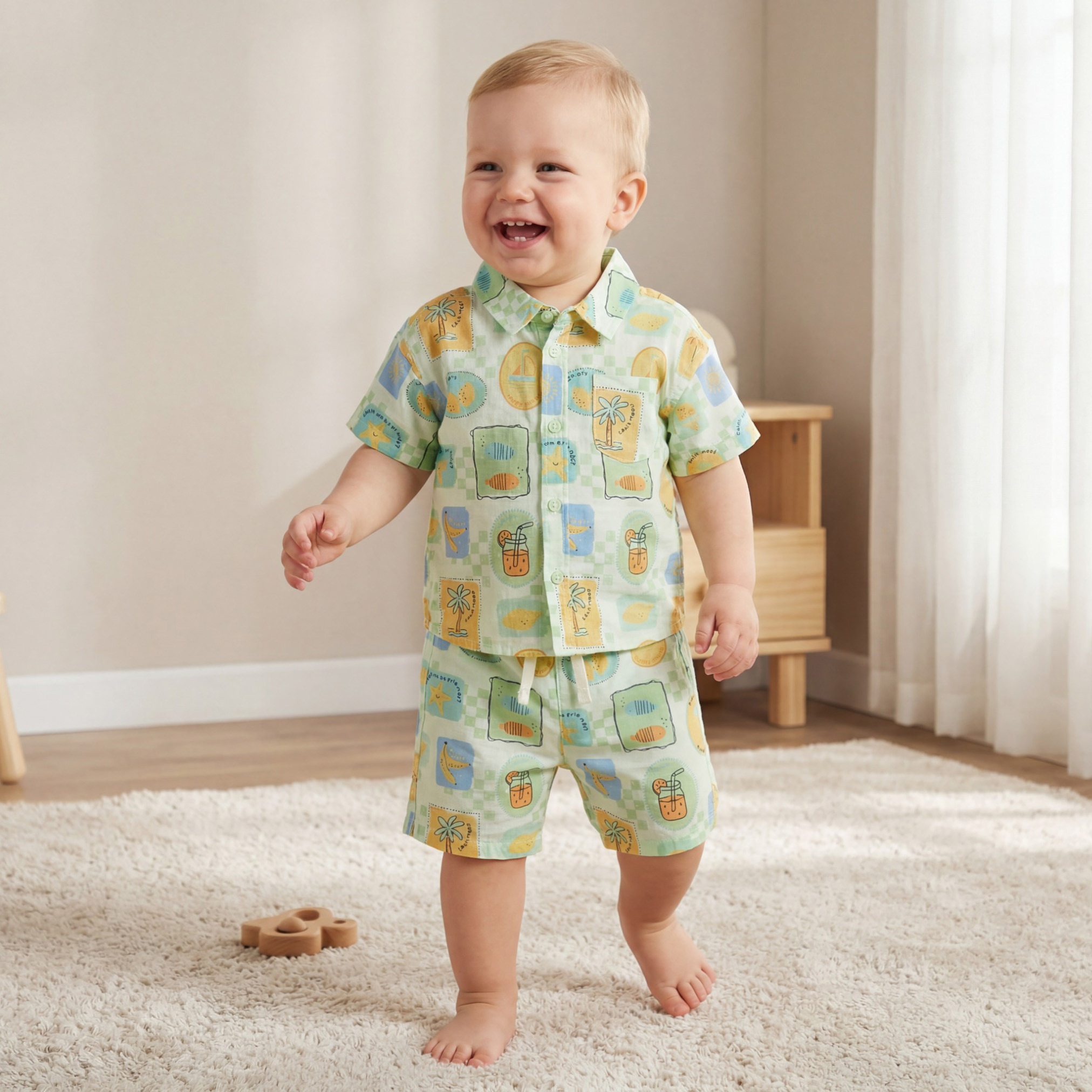 Juniors Collared Short Sleeve Shirt and Shorts Set with Tropical Print-baby-boys-clothing-setsandcoords-image-1