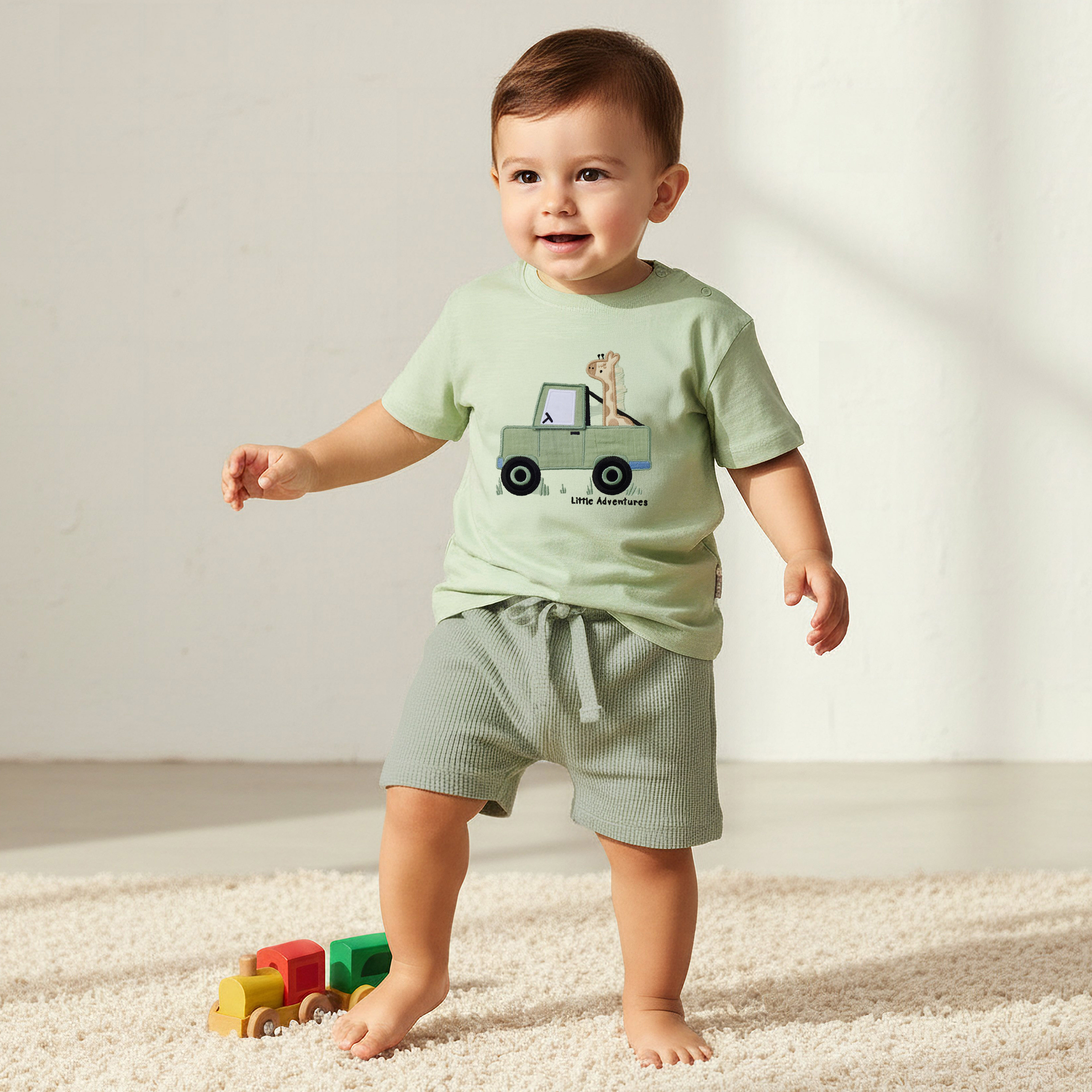 Juniors Crew Neck Short Sleeves T-shirt and Shorts Set with Safari Embroidery-baby-boys-clothing-setsandcoords-image-1