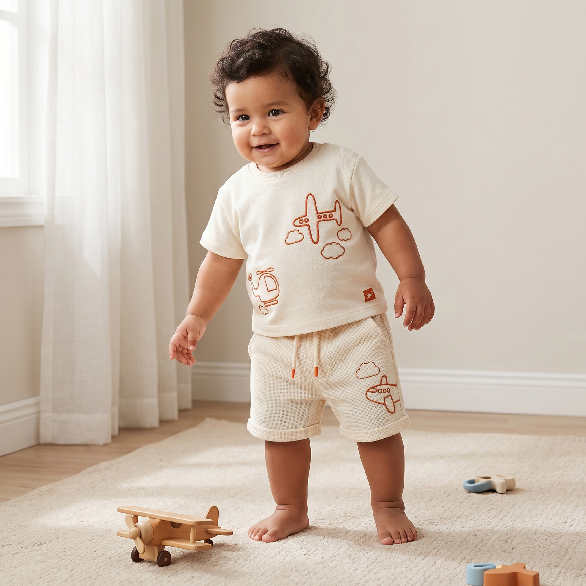 طقم تيشيرت بياقة مستديرة وأكمام قصيرة مع شورت بتطريز من جونيورز-baby-boys-clothing-setsandcoords-image-1