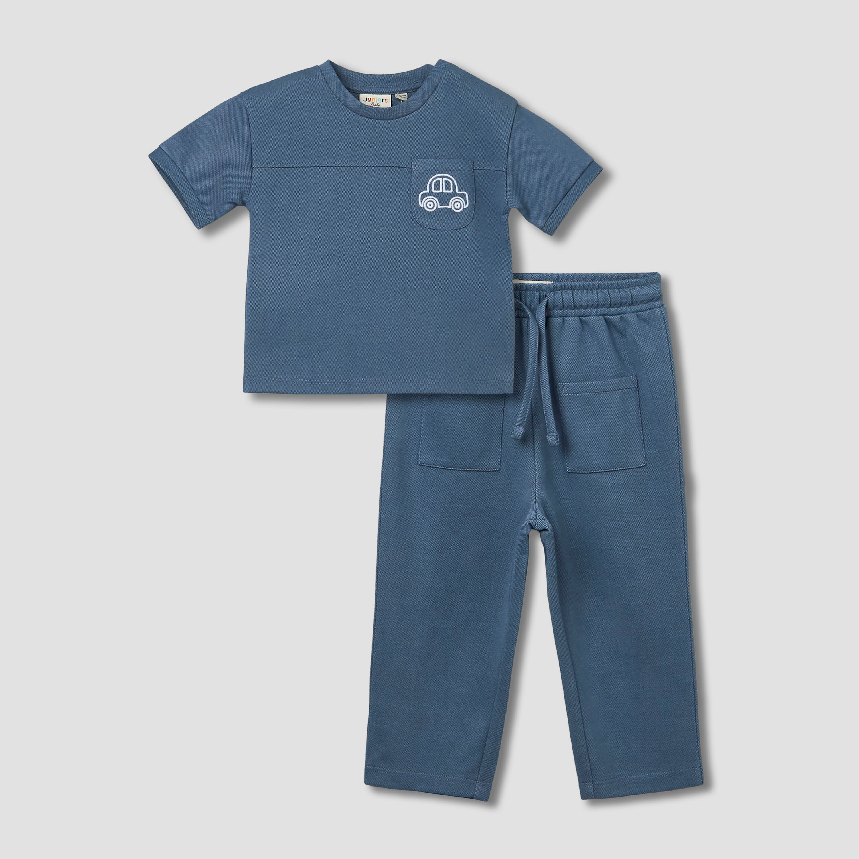 Juniors Round Neck Short Sleeves T-shirt and Pants Set with Car Embroidery-baby-boys-clothing-setsandcoords-image-2