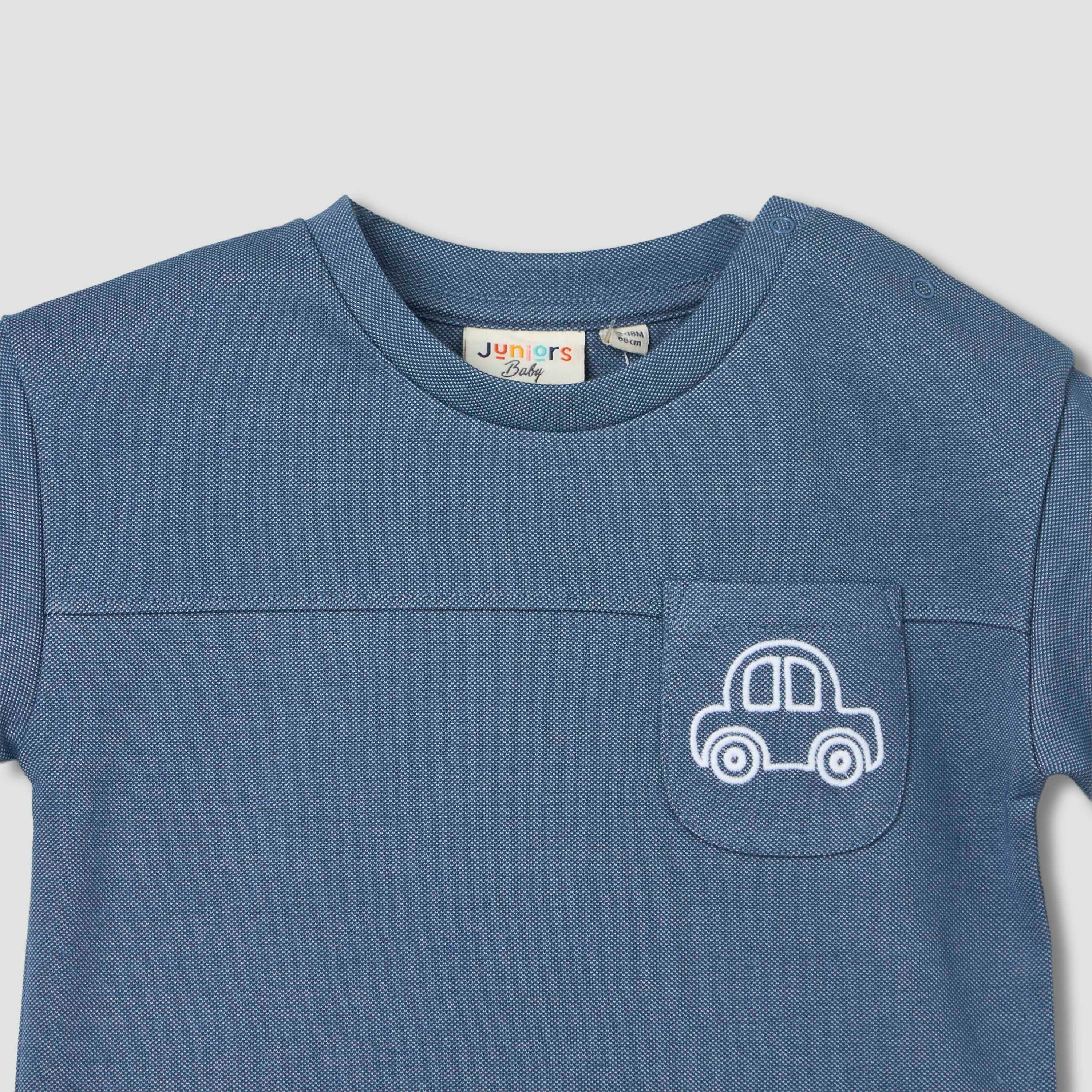 Juniors Round Neck Short Sleeves T-shirt and Pants Set with Car Embroidery-baby-boys-clothing-setsandcoords-image-7
