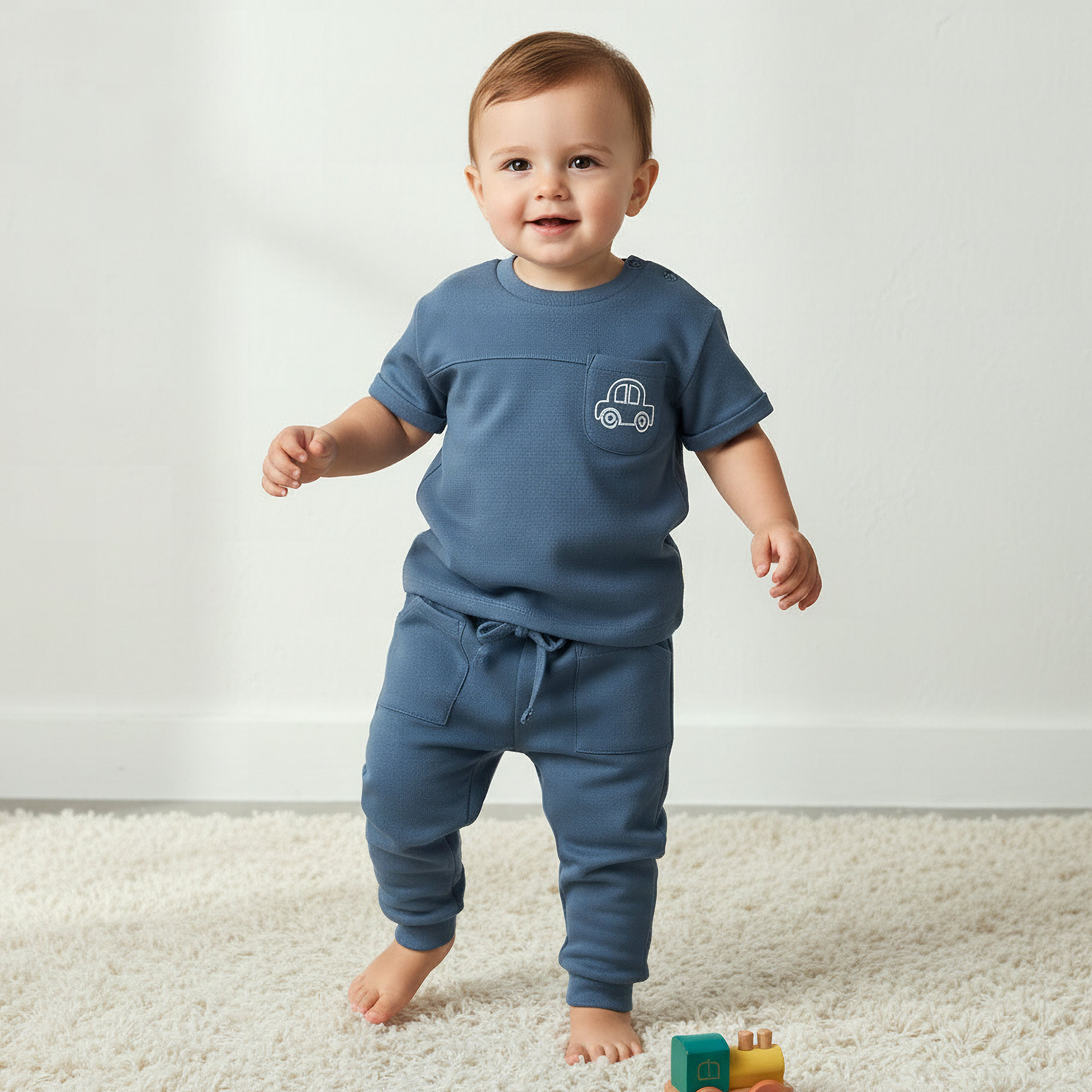 Juniors Round Neck Short Sleeves T-shirt and Pants Set with Car Embroidery-baby-boys-clothing-setsandcoords-image-1