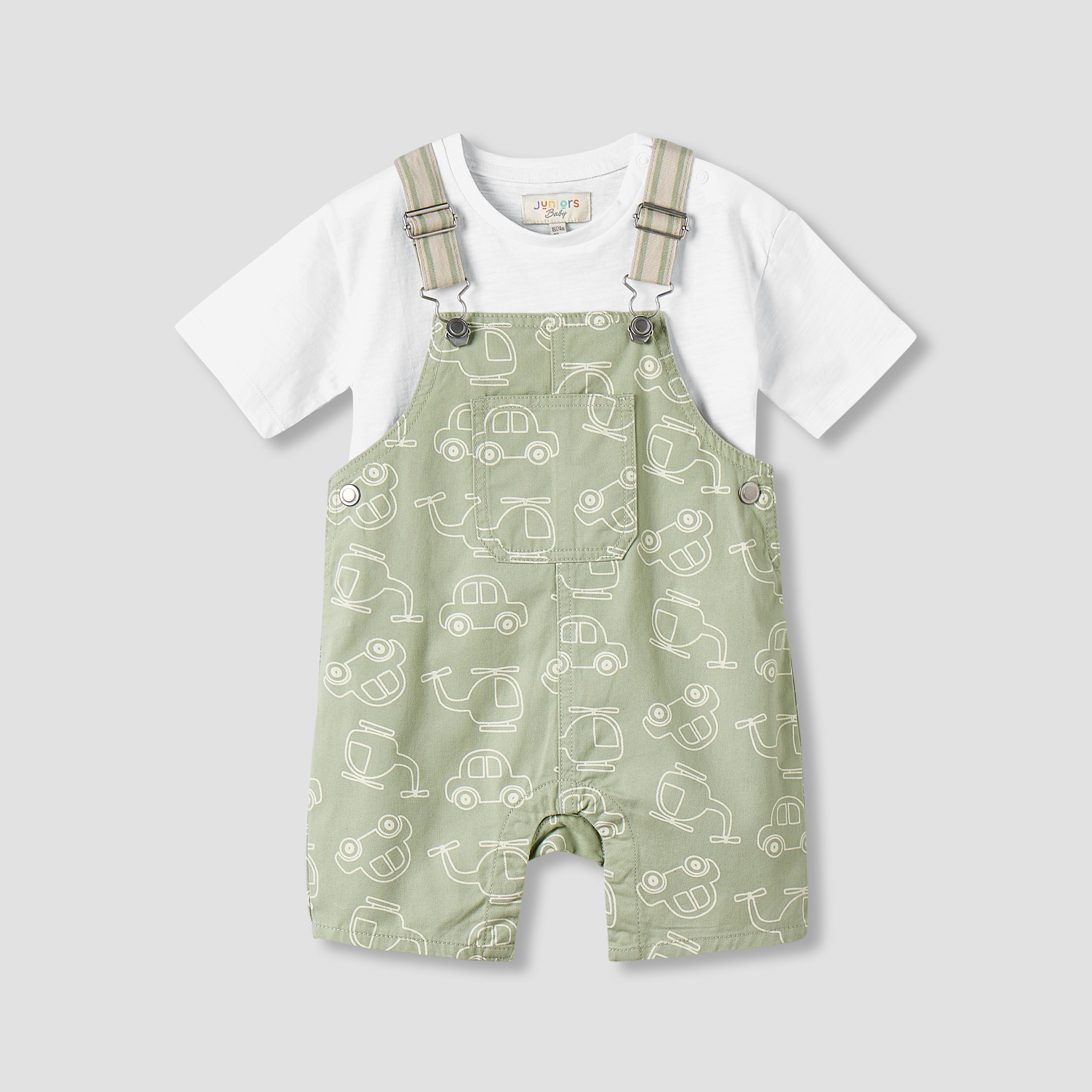 Juniors Crew Neck Short Sleeves T-shirt and Dungaree Set with Vehicle Print-baby-boys-clothing-setsandcoords-image-2