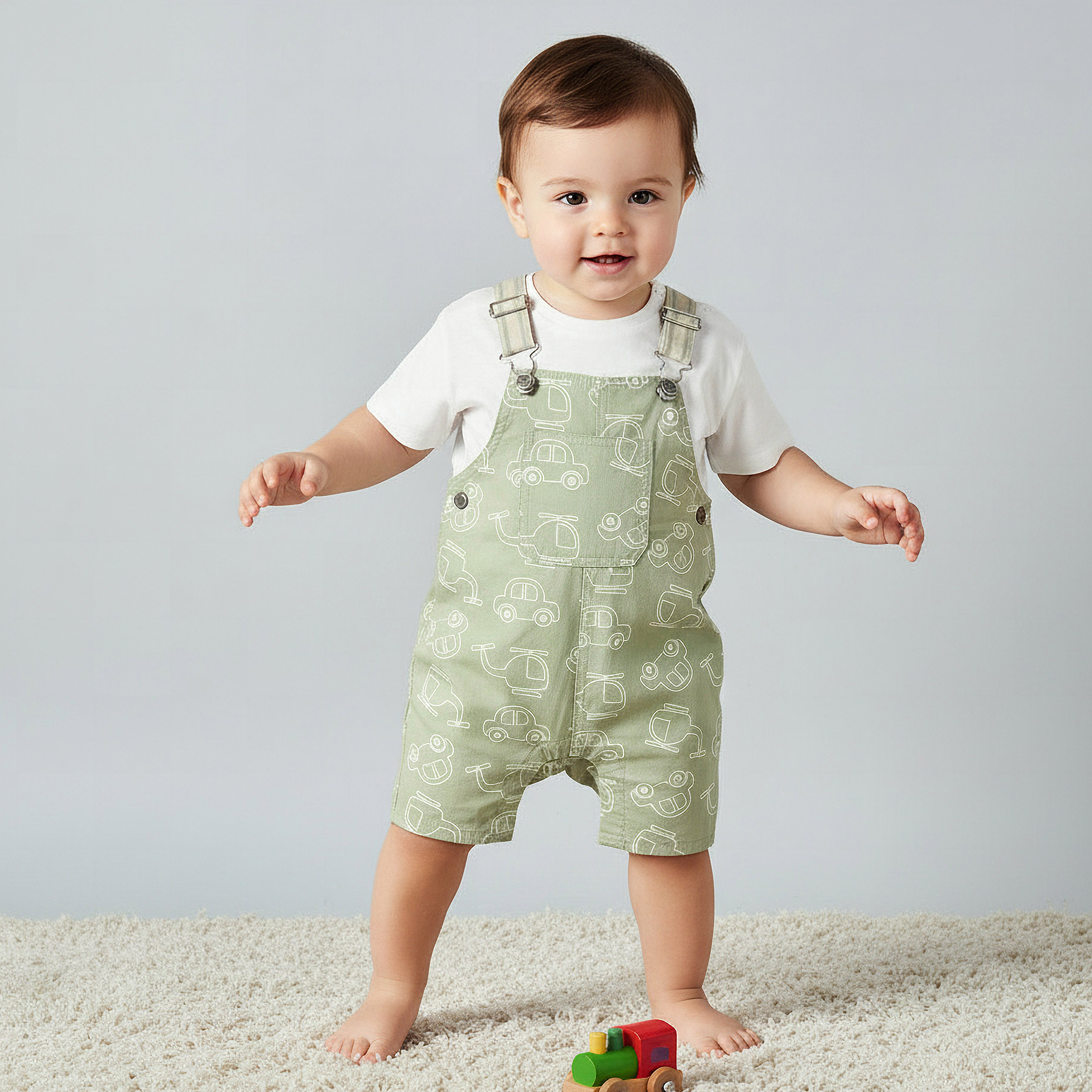 Juniors Crew Neck Short Sleeves T-shirt and Dungaree Set with Vehicle Print-baby-boys-clothing-setsandcoords-image-1