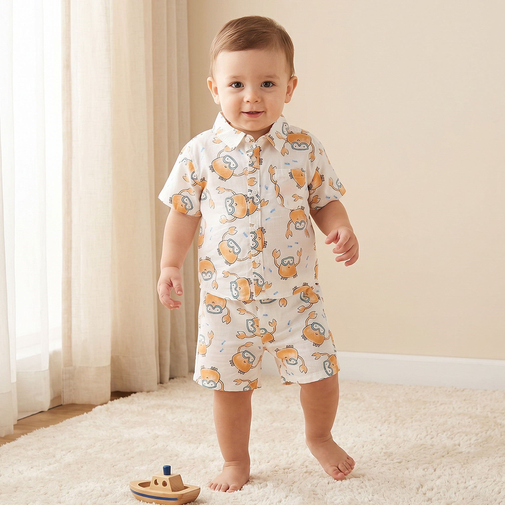 Juniors Collared Short Sleeves Shirt and Shorts Set with Crab Print-baby-boys-clothing-setsandcoords-image-1