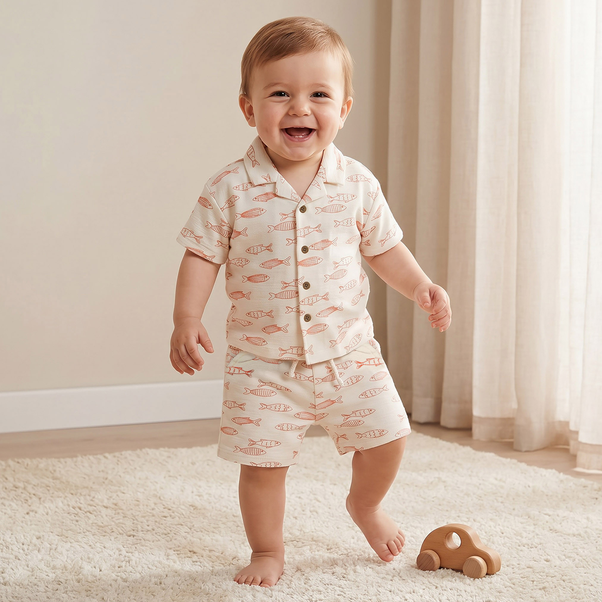 طقم شورت وقميص بياقة وأكمام قصيرة وطبعات سمك من جونيورز-baby-boys-clothing-setsandcoords-image-1