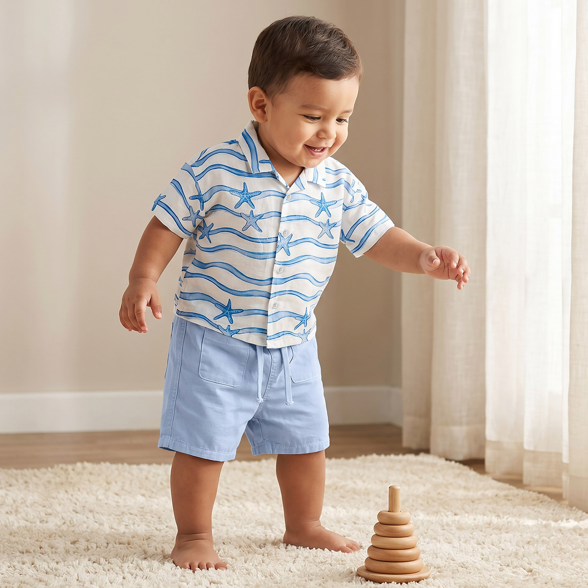 Juniors Collared Neck Short Sleeve Shirt and Shorts Set with Drawstring Closure-baby-boys-clothing-setsandcoords-image-1