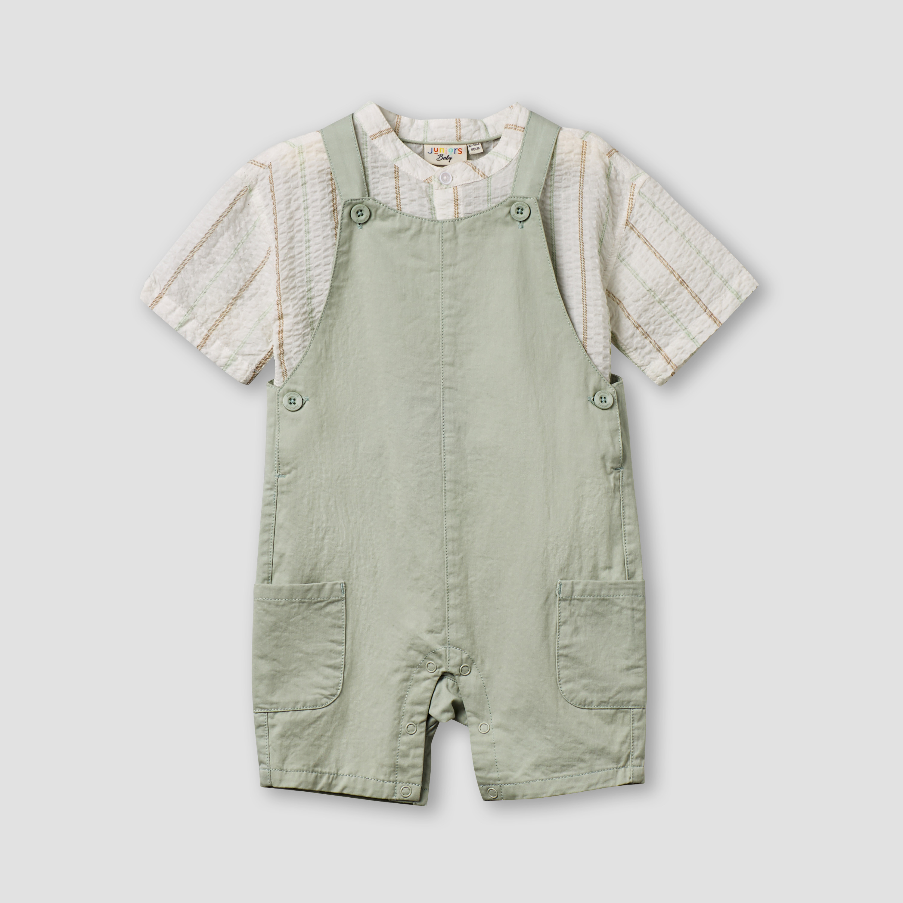 Juniors Mandarin Collar Short Sleeve Shirt and Dungaree Set with Pockets-baby-boys-clothing-setsandcoords-image-2